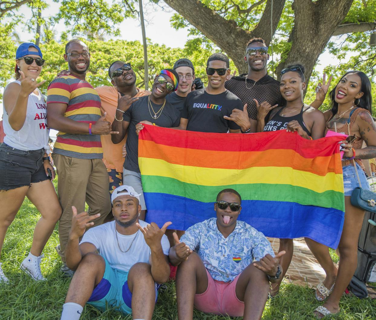 A group of friends pose with a rainbow flag under a shady tree in the park at the Honolulu Pride Festival.
