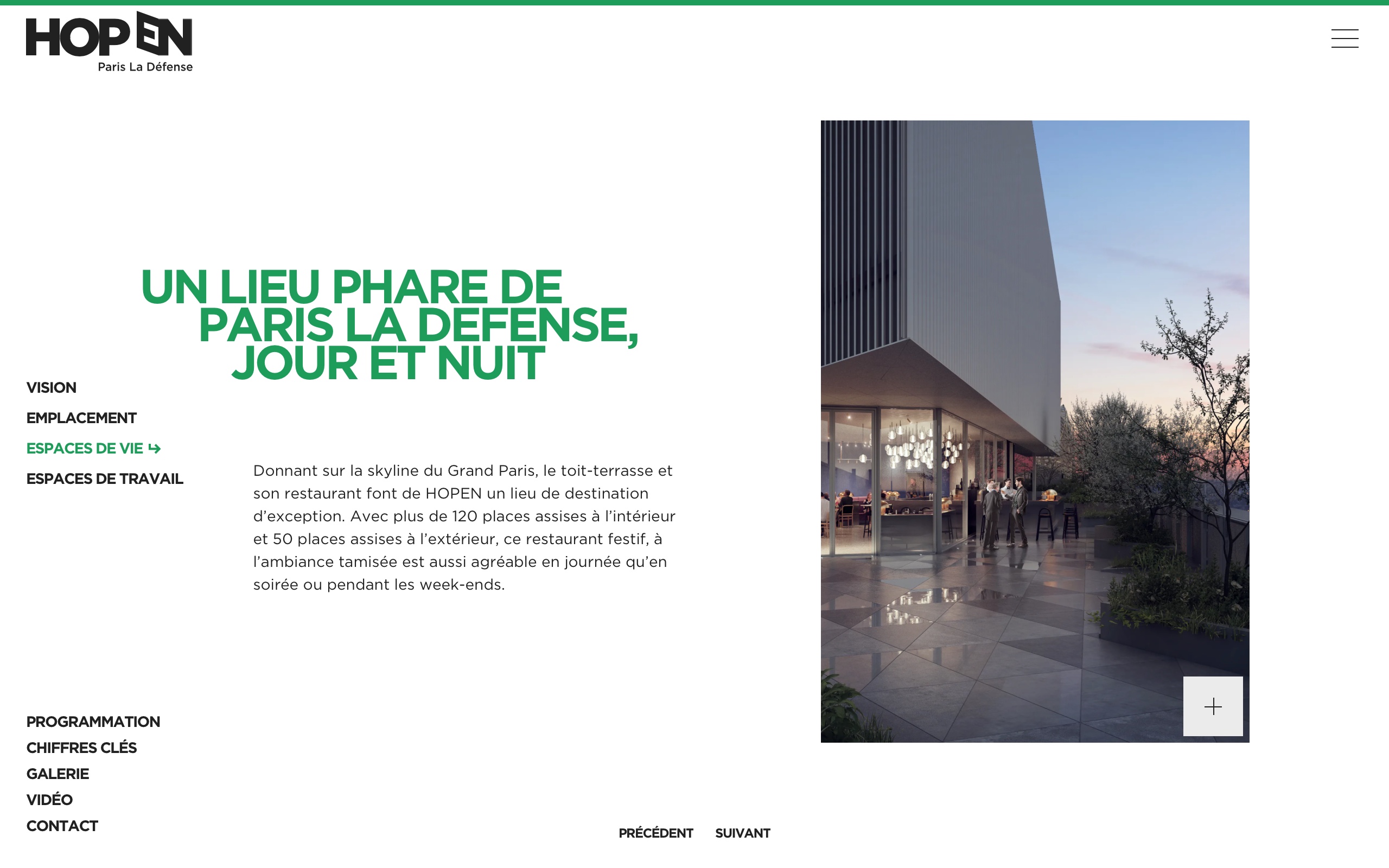 Capture d'écran de la sixième diapositive de la page Espace de vie, mettant en avant le restaurant de son rooftop accessible de jour comme de soirée, en semaine comme le weekend