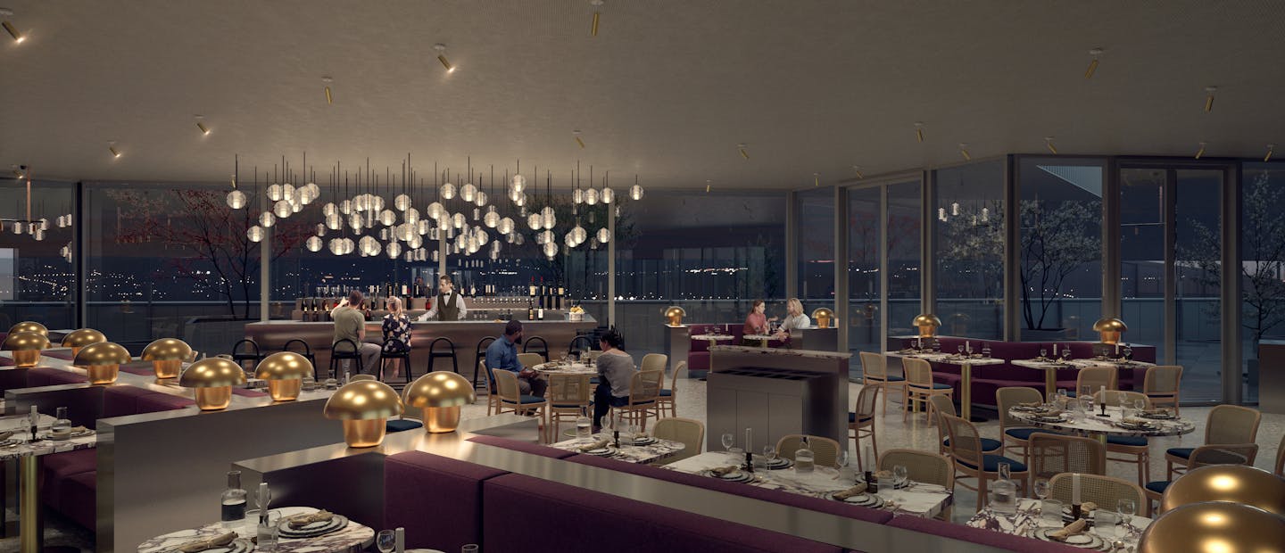 Nighttime view of the restaurant located on the same level as the HOPEN Tower rooftop