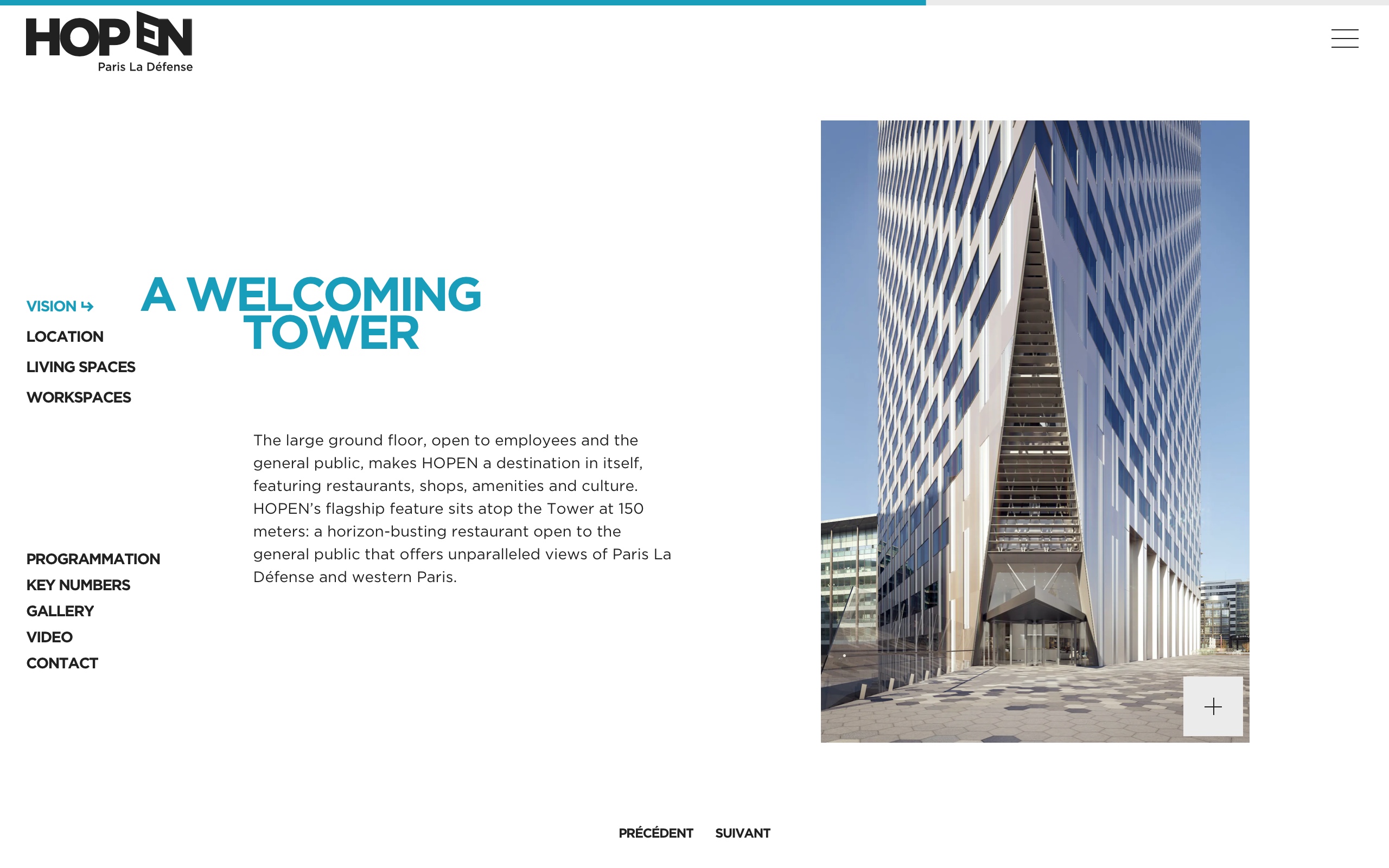 Screenshot of the seventh slide from the Vision page on the website, showcasing the various spaces and experiences available to clients within HOPEN Tower
