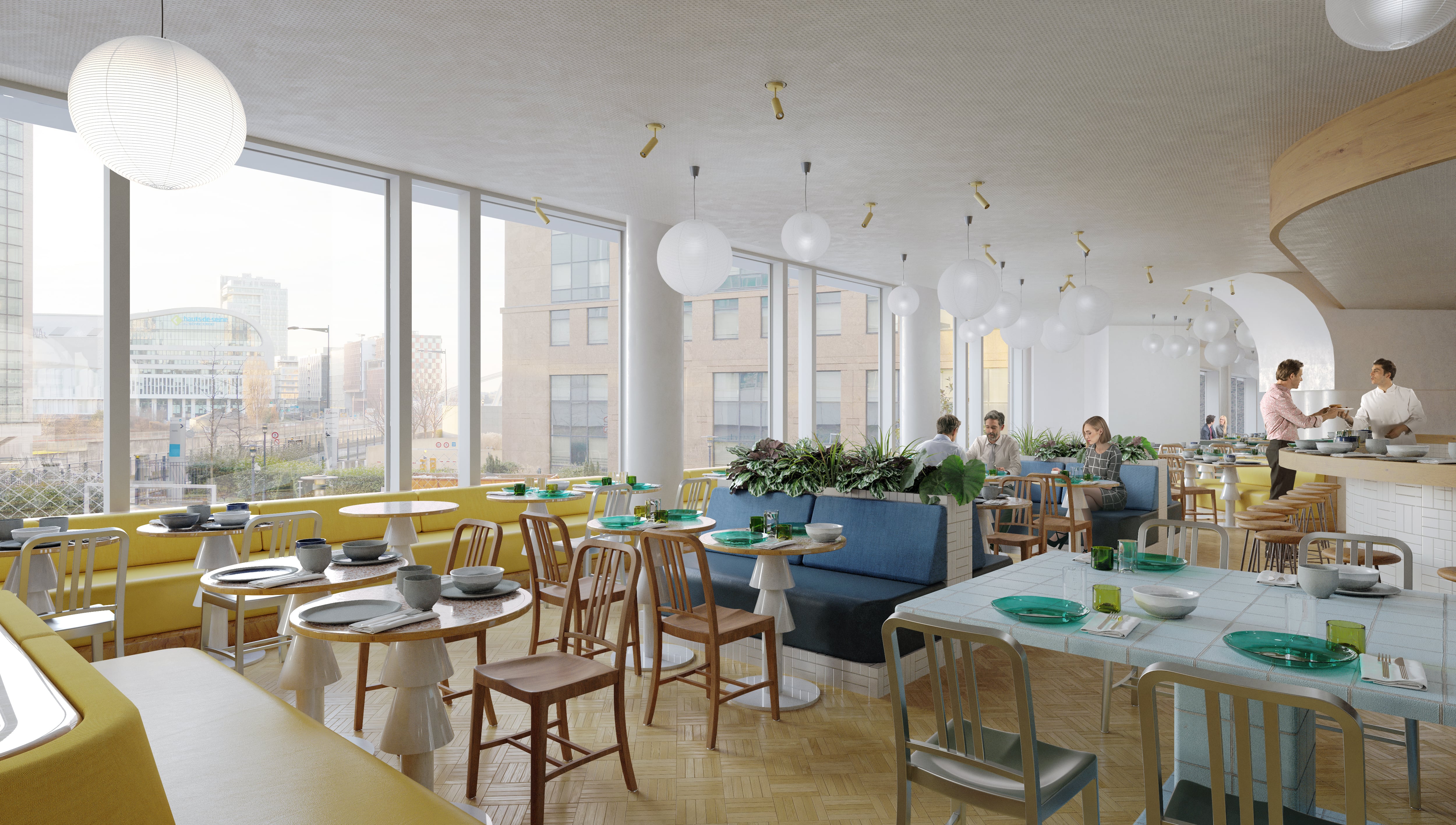 Vue depuis le restaurant réservé aux collaborateurs, situé au rez-de-chaussée, niveau supérieur