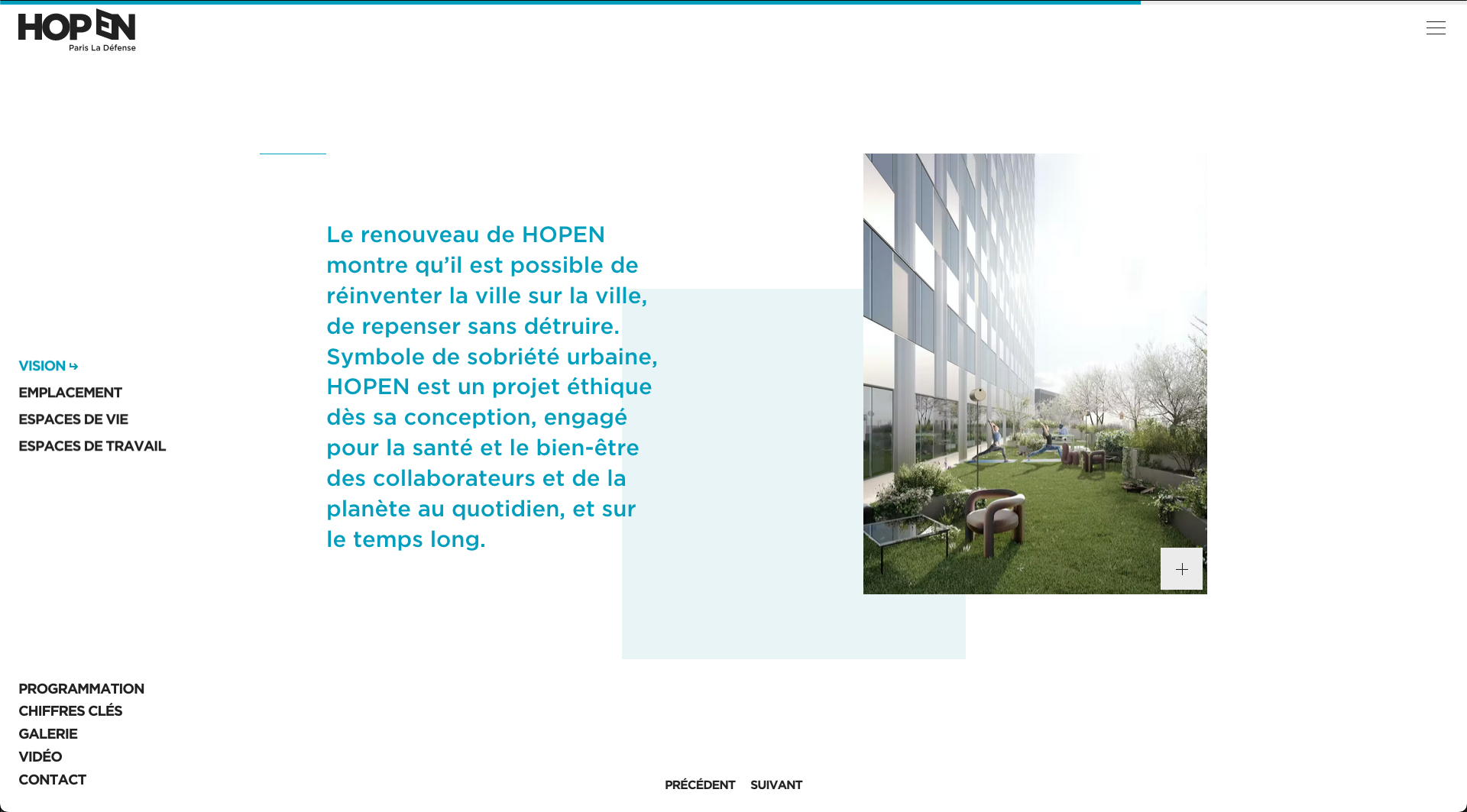 Capture d'écran de la huitième diapositive de la page Vision du site, présentant les bienfaits écologiques et la prise en compte du bien-être des potentiels collaborateurs du projet HOPEN