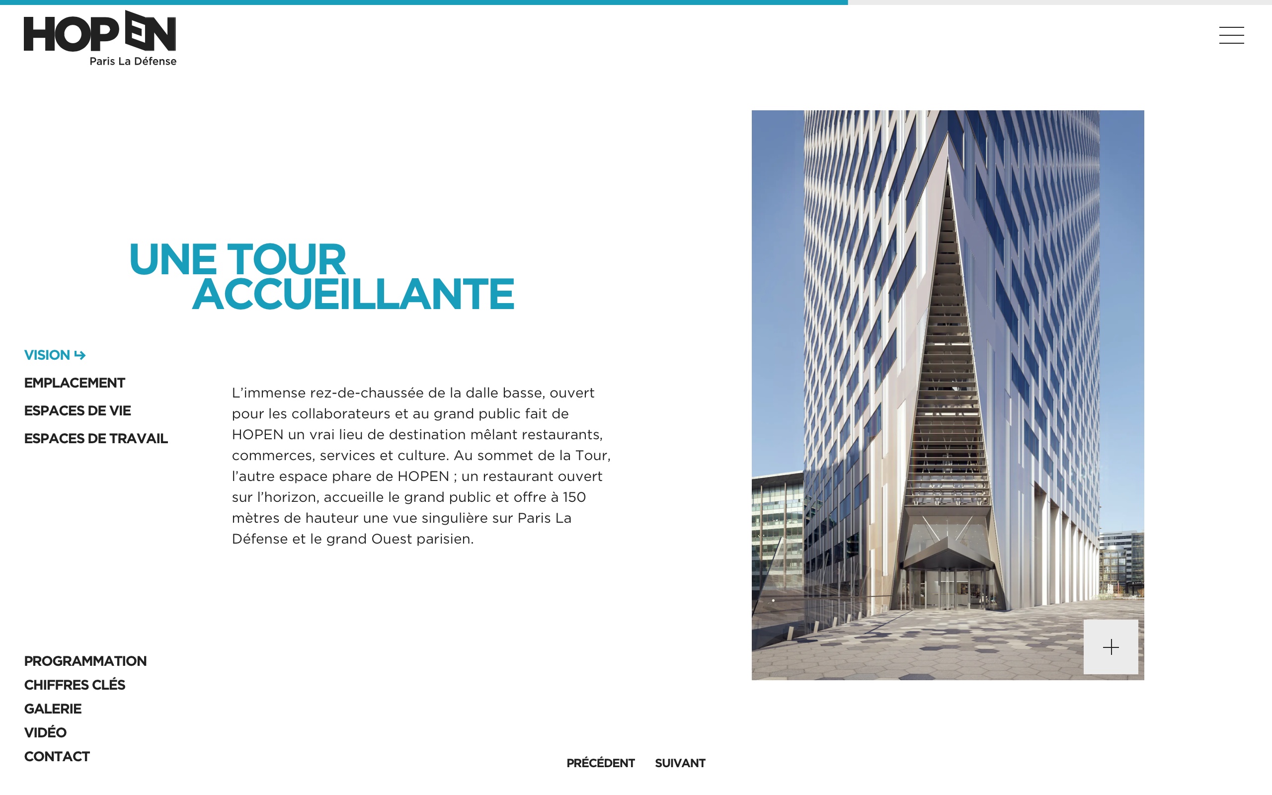 Capture d'écran de la septième diapositive de la page Vision du site, présentant les divers espaces et expériences offerts aux clients disponibles dans la tour HOPEN