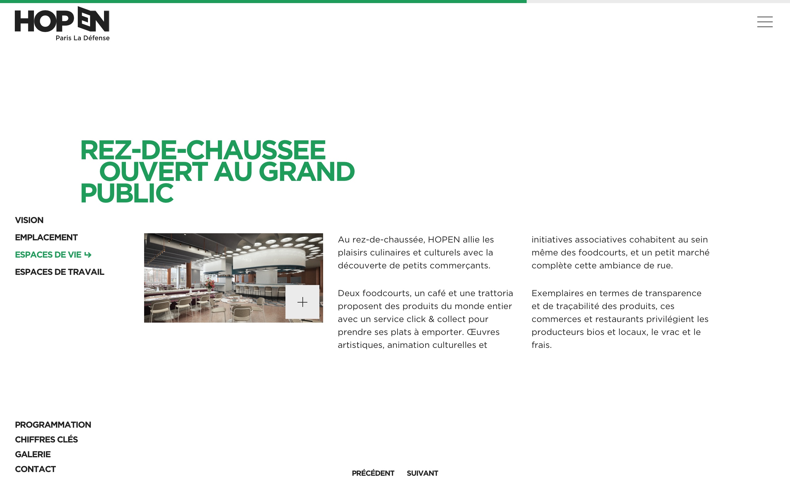 Capture d'écran de la cinquième diapositive de la page Espace de vie, expliquant la diversité du rez-de-chaussée de la tour HOPEN