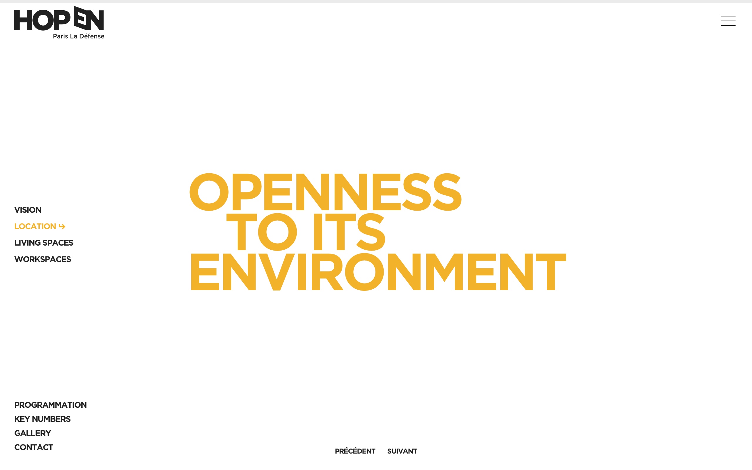 Screenshot of the first slide 'Opening to its environment' from the Location page on the HOPEN website