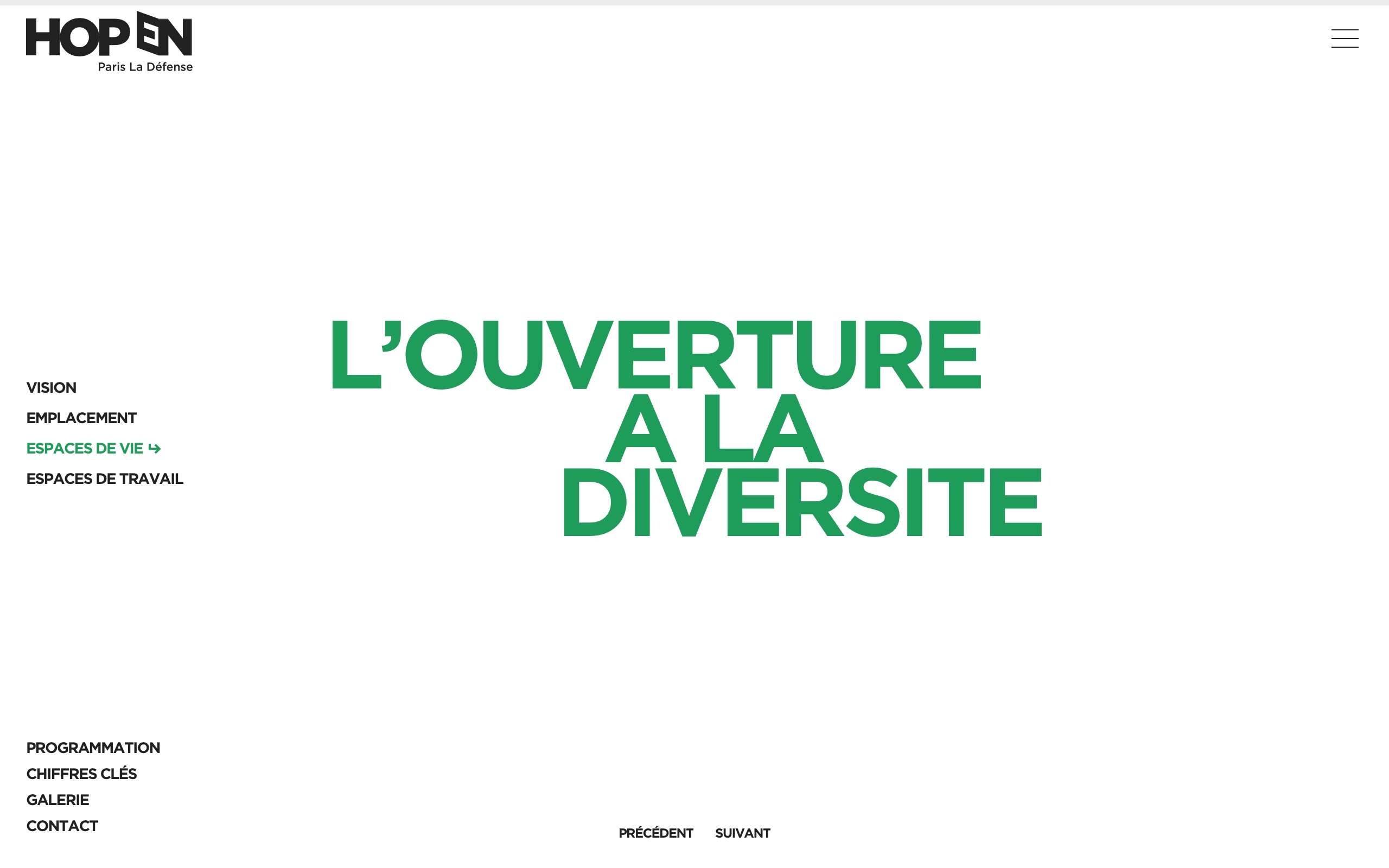 Capture d'écran de la première diapositive 'L'ouverture à la diversité' de la page Espace de vie du site HOPEN