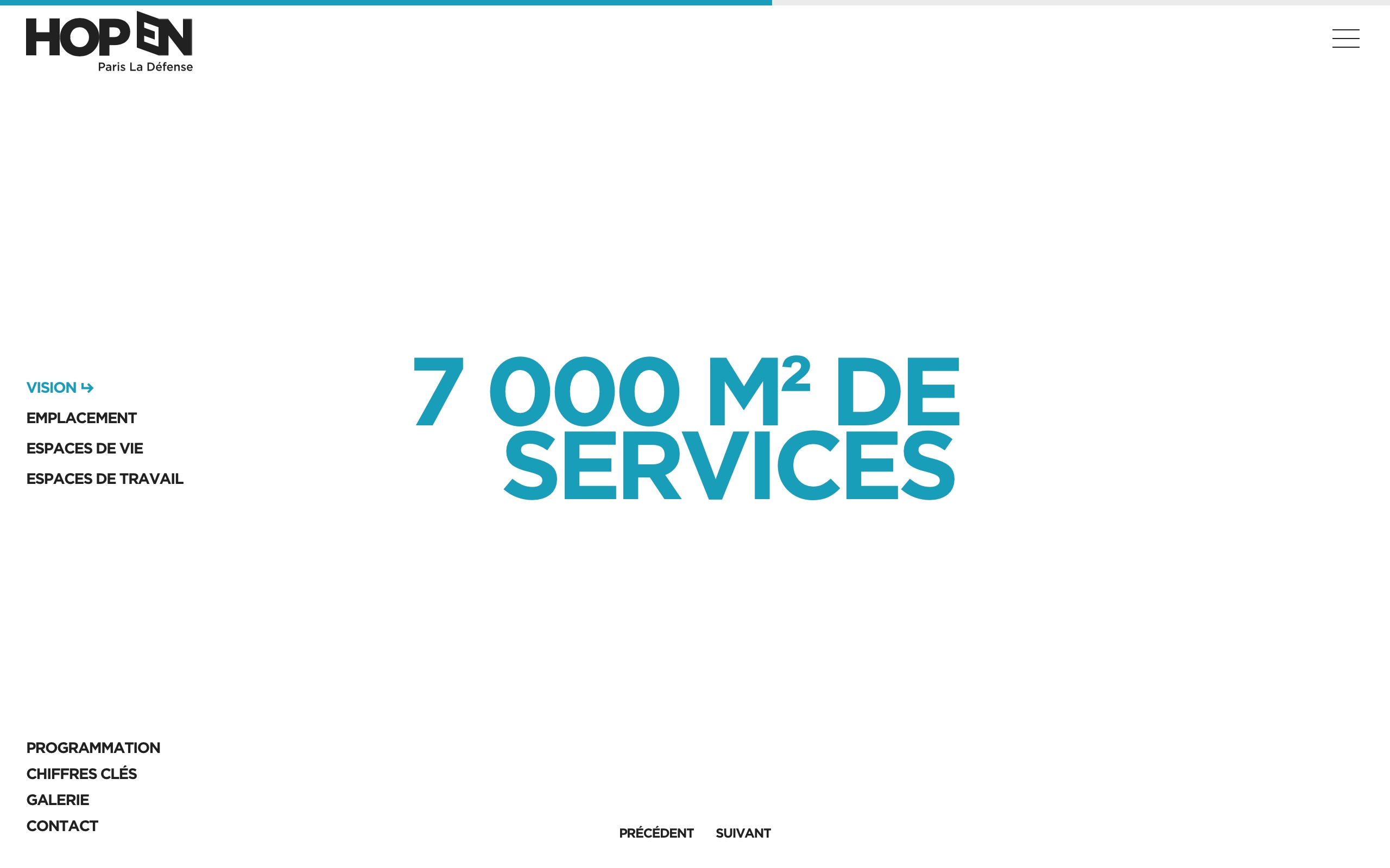 Capture d'écran de la sixième diapositive '7000 m² de services' de la page Vision du site HOPEN