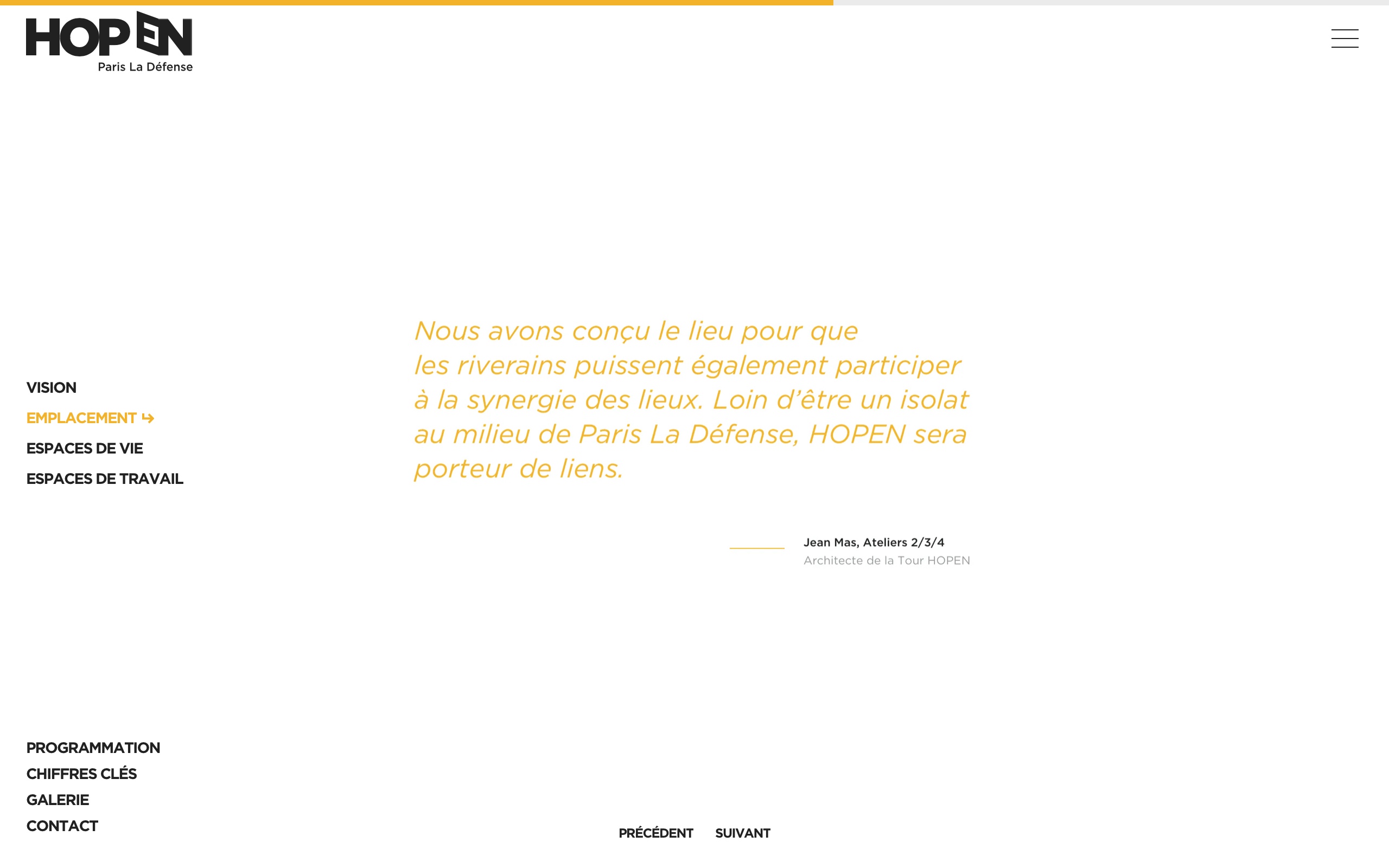 Capture d'écran de la quatrième diapositive de la page Emplacement du site, montrant une citation de Jean Mas, l'architecte de la tour HOPEN