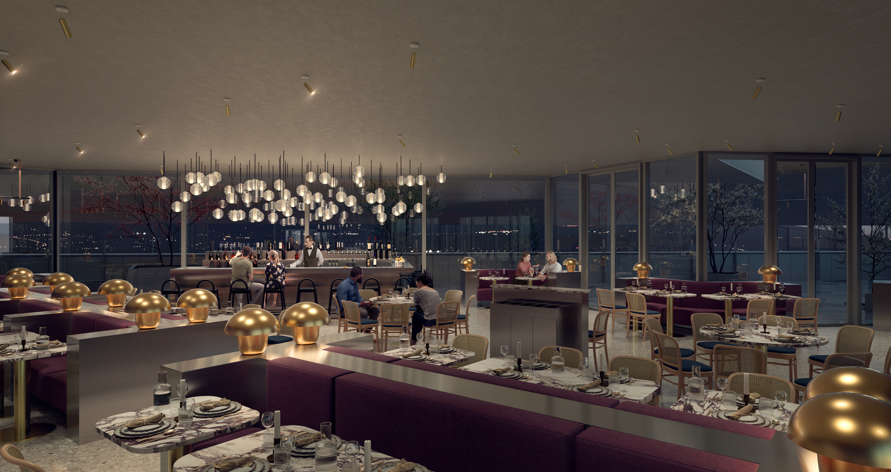 Vue nocturne du restaurant situé au même niveau que le rooftop de la tour HOPEN