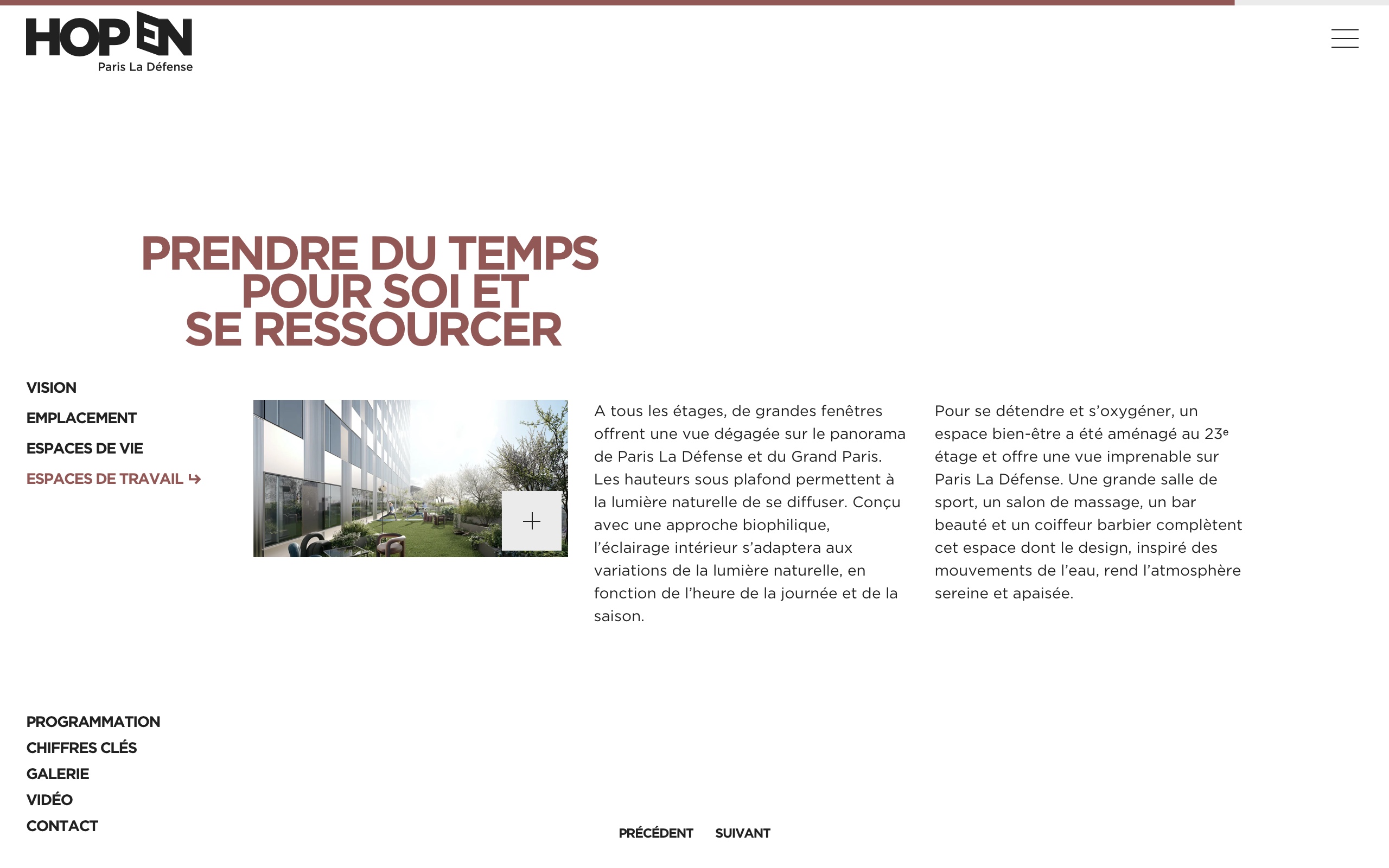 Capture d'écran de la neuvième diapositive de la page Espace de travail, mettant en avant l'importance de l'architecture de la tour HOPEN et son impact sur le bien-être de ses futurs clients