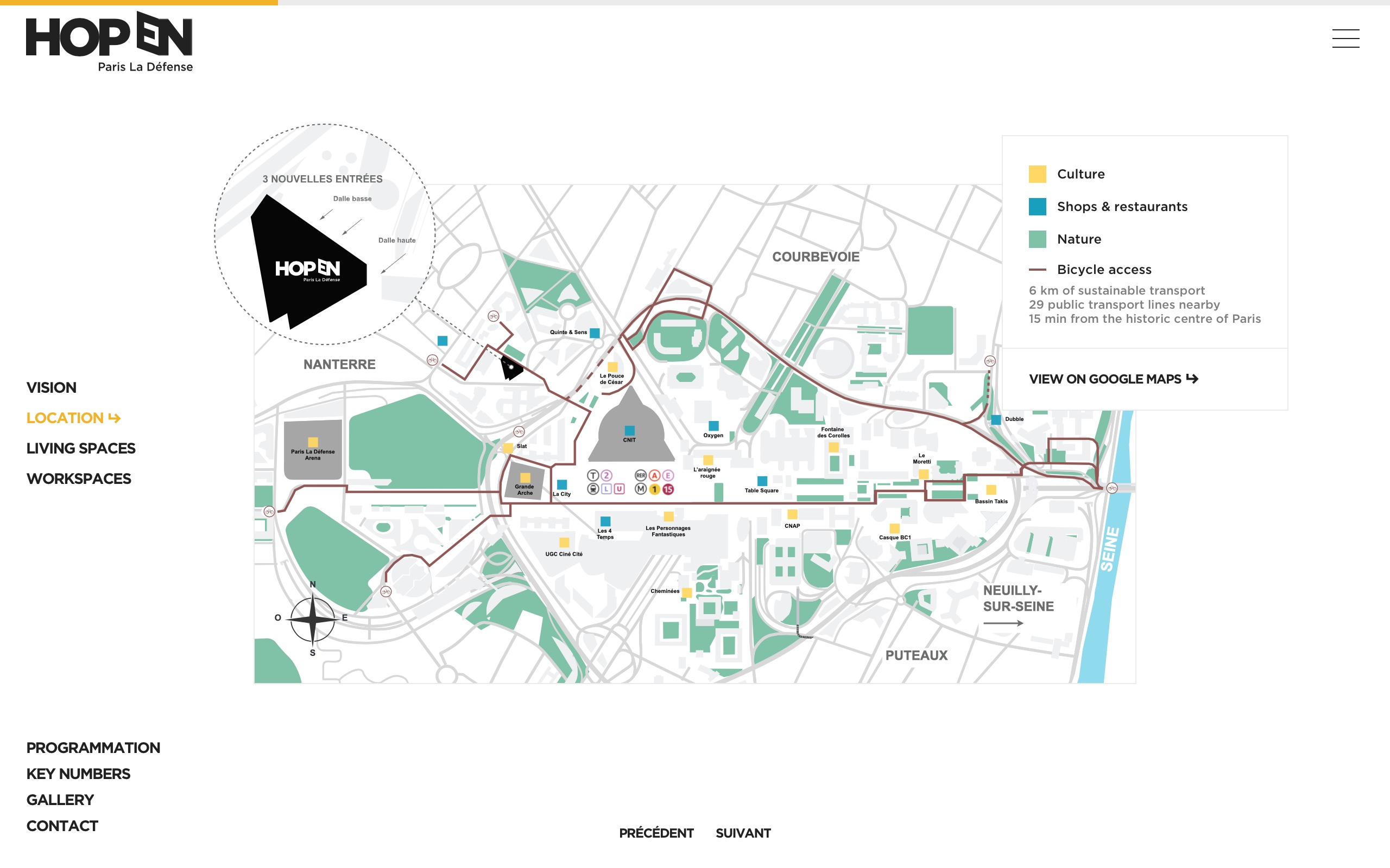 Screenshot of the second slide from the Location page, showing a detailed plan of nearby access points, shops, and transportation options around HOPEN Tower