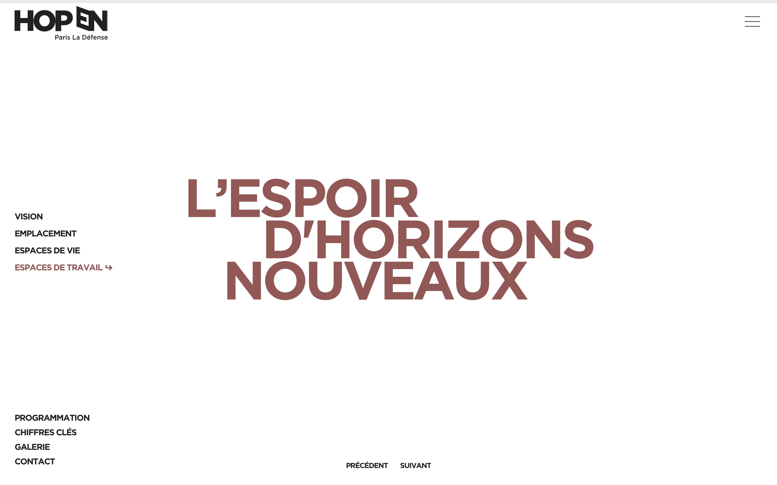 Capture d'écran de la première diapositive 'L'espoir d’horizons nouveaux' de la page Espace de travail du site HOPEN