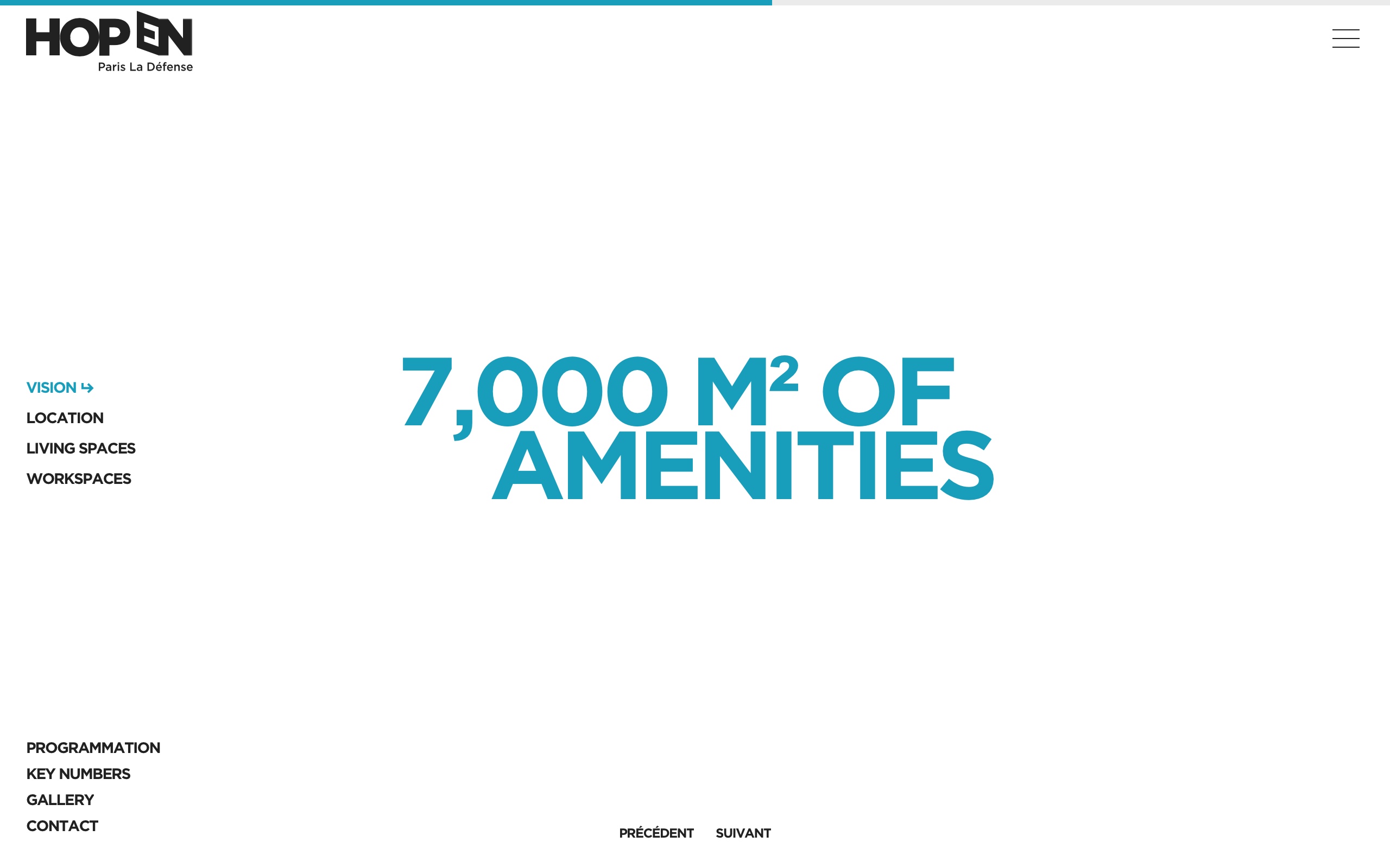 Screenshot of the sixth slide '7000 m² of amenities' from the Vision page on the HOPEN website
