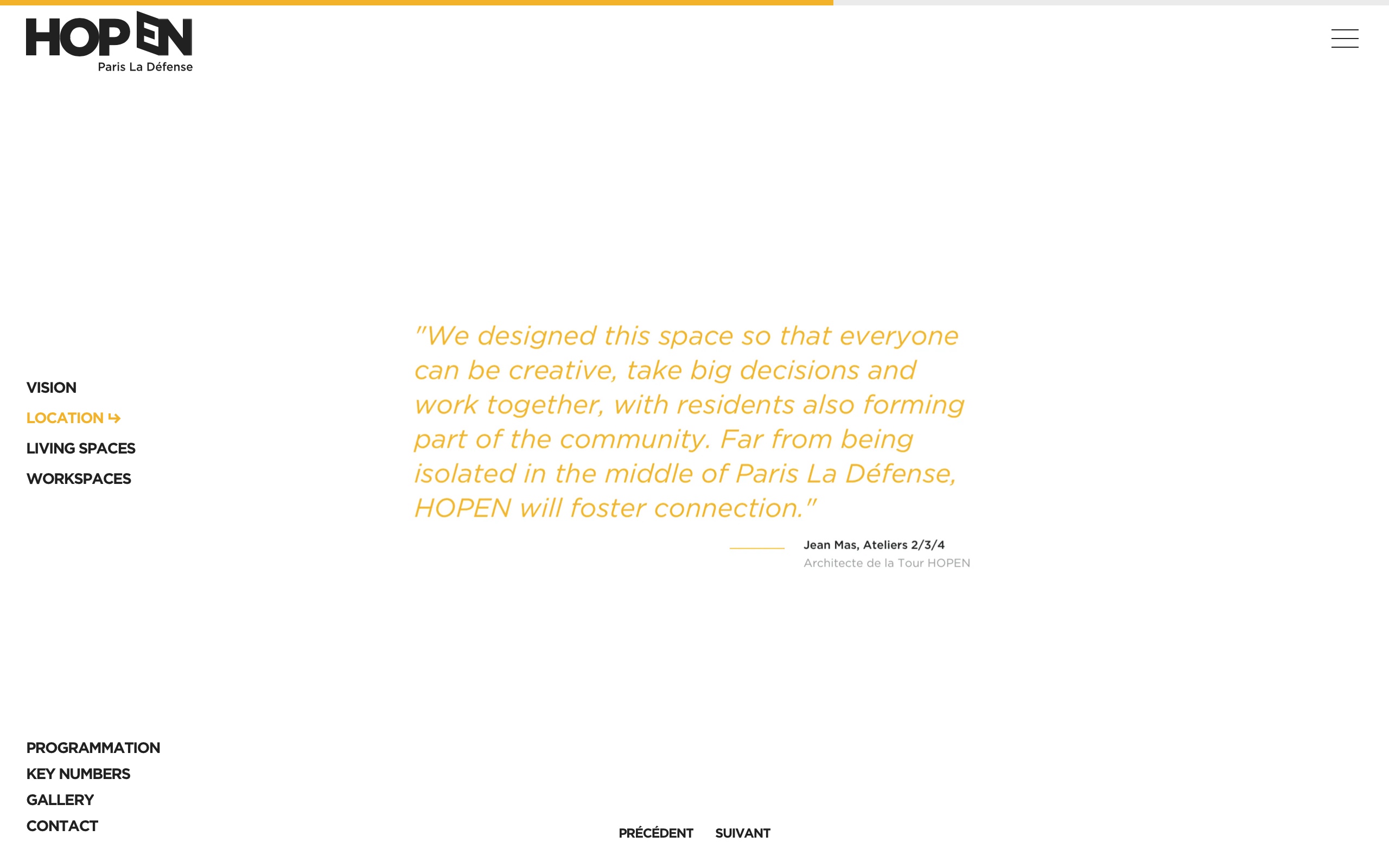 Screenshot of the fourth slide from the Location page, featuring a quote from Jean Mas, the architect of HOPEN Tower