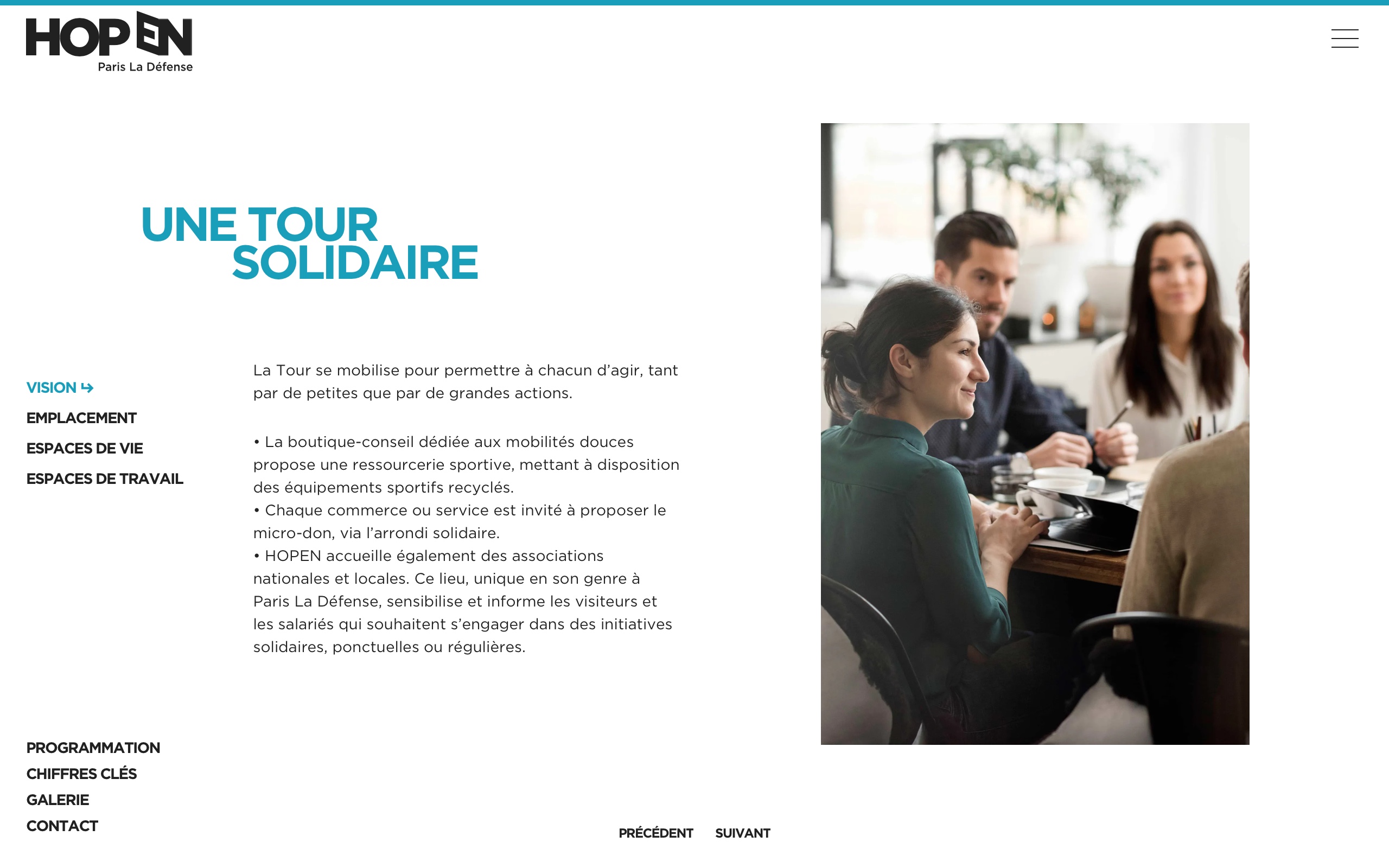 Capture d'écran de la dixième diapositive de la page Vision du site, présentant les différents moyens de solidarité mis en place au sein du projet HOPEN