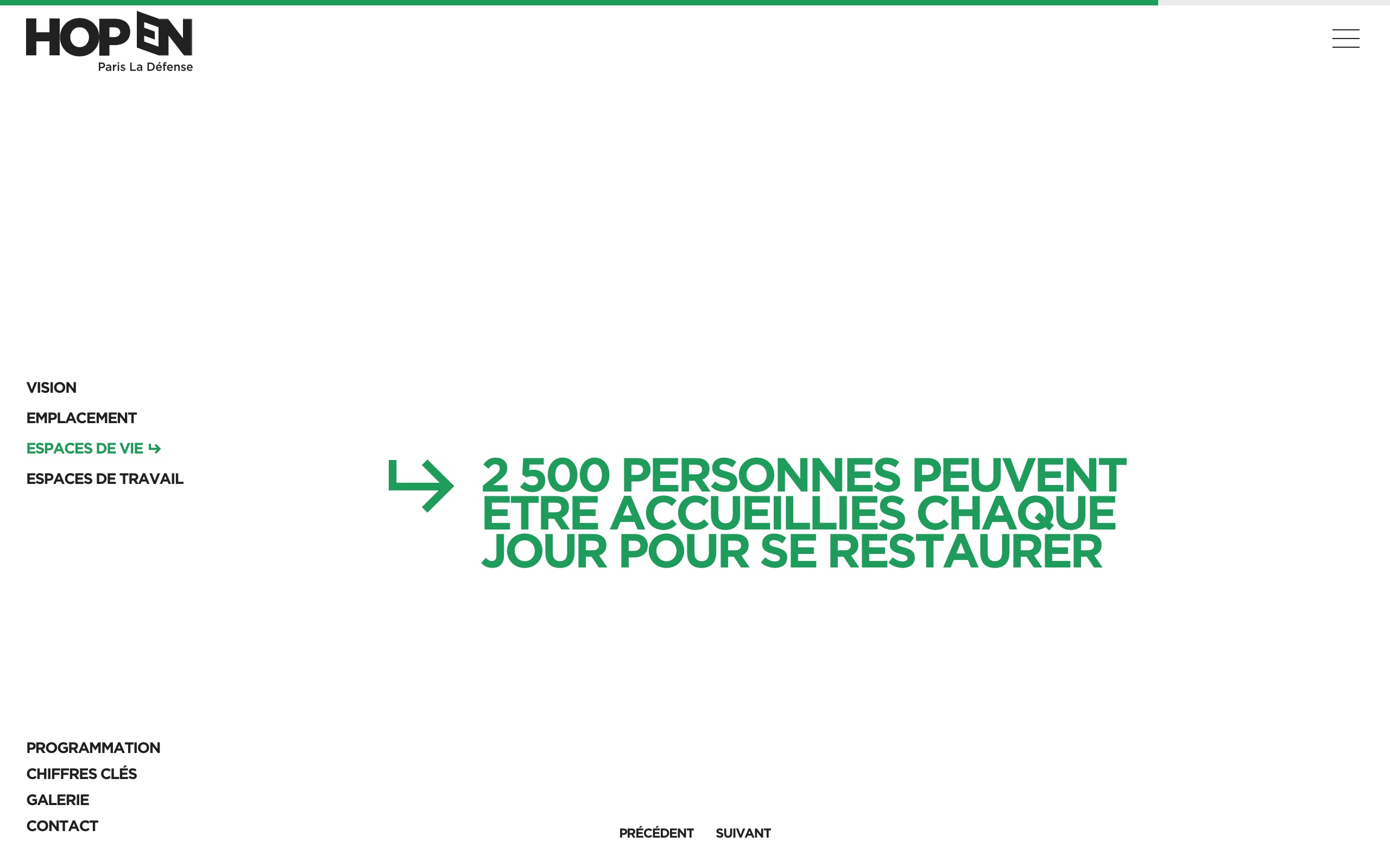 Capture d'écran de la sixième diapositive de la page Espace de vie, indiquant que les moyens de restauration de HOPEN peuvent accueillir 2500 personnes par jour