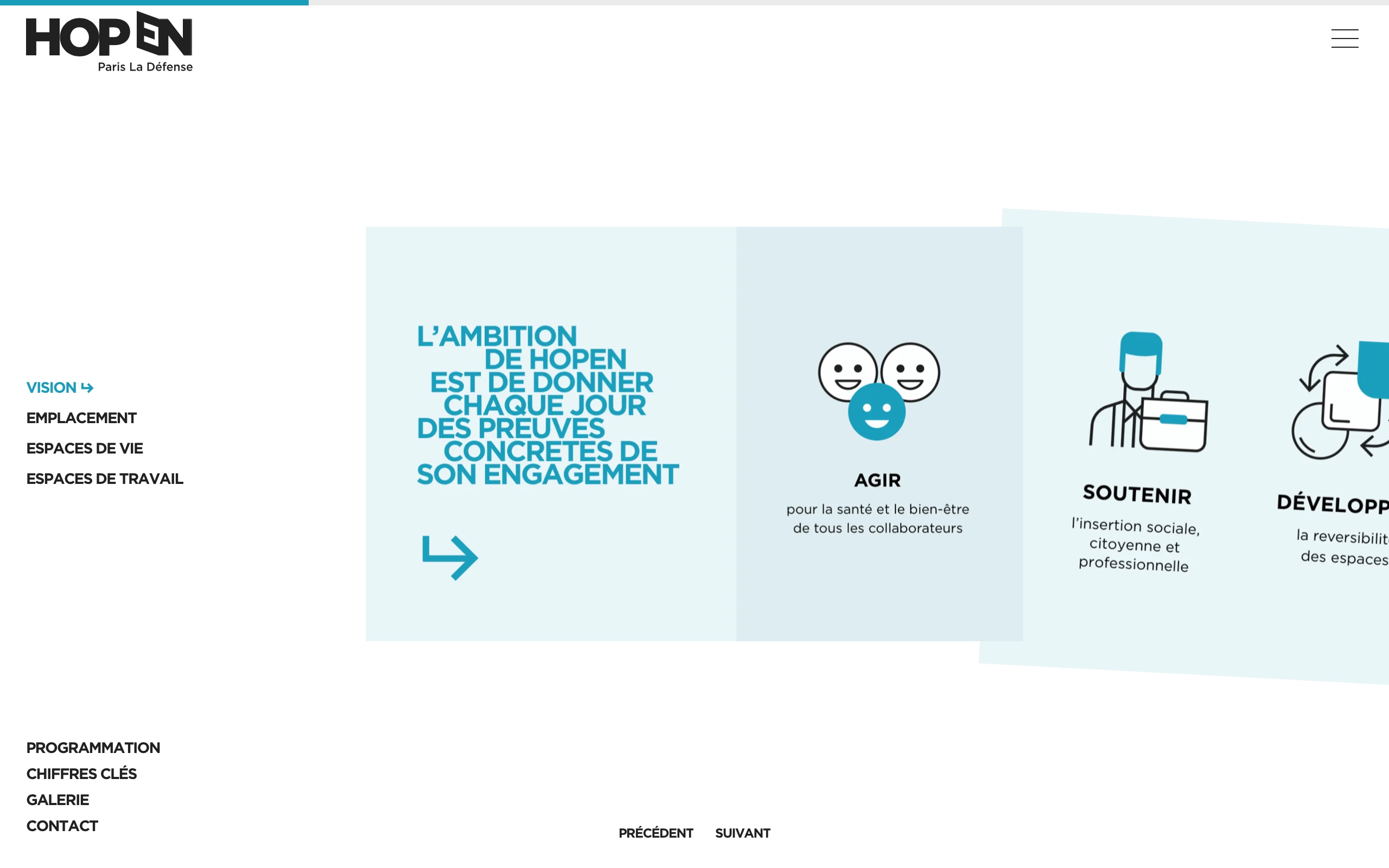Capture d'écran de la troisième diapositive de la page Vision du site, abordant l'engagement du projet HOPEN