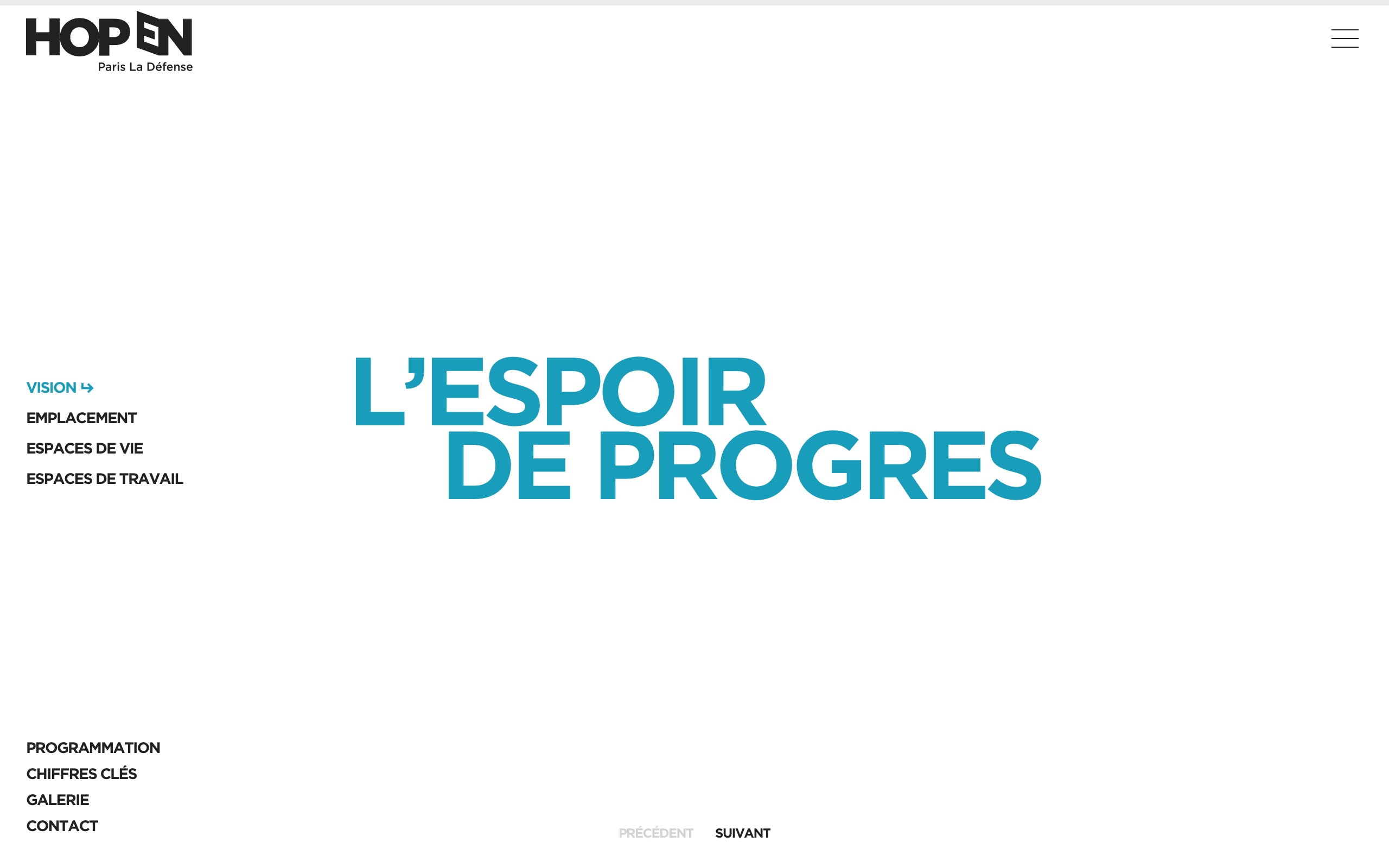 Capture d'écran de la première diapositive 'L'espoir de progrès' de la page Vision du site HOPEN