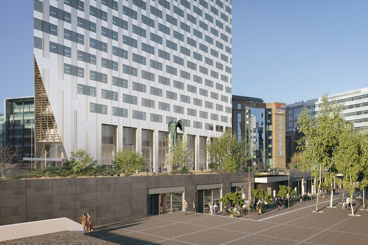 View of the entrances and terraces of HOPEN Tower