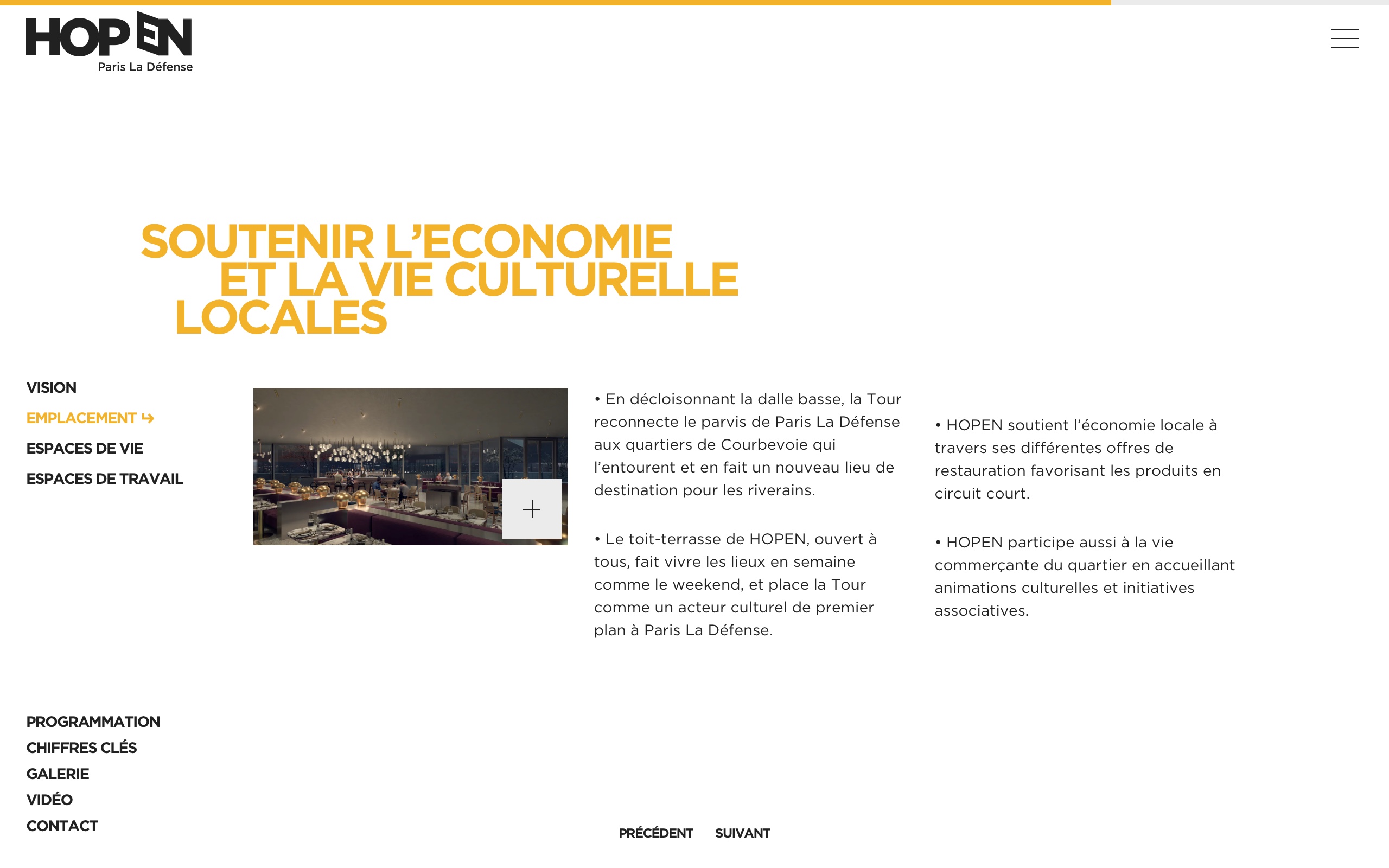 Capture d'écran de la cinquième diapositive de la page Emplacement du site, expliquant le soutien économique et la vie culturelle locale du projet HOPEN