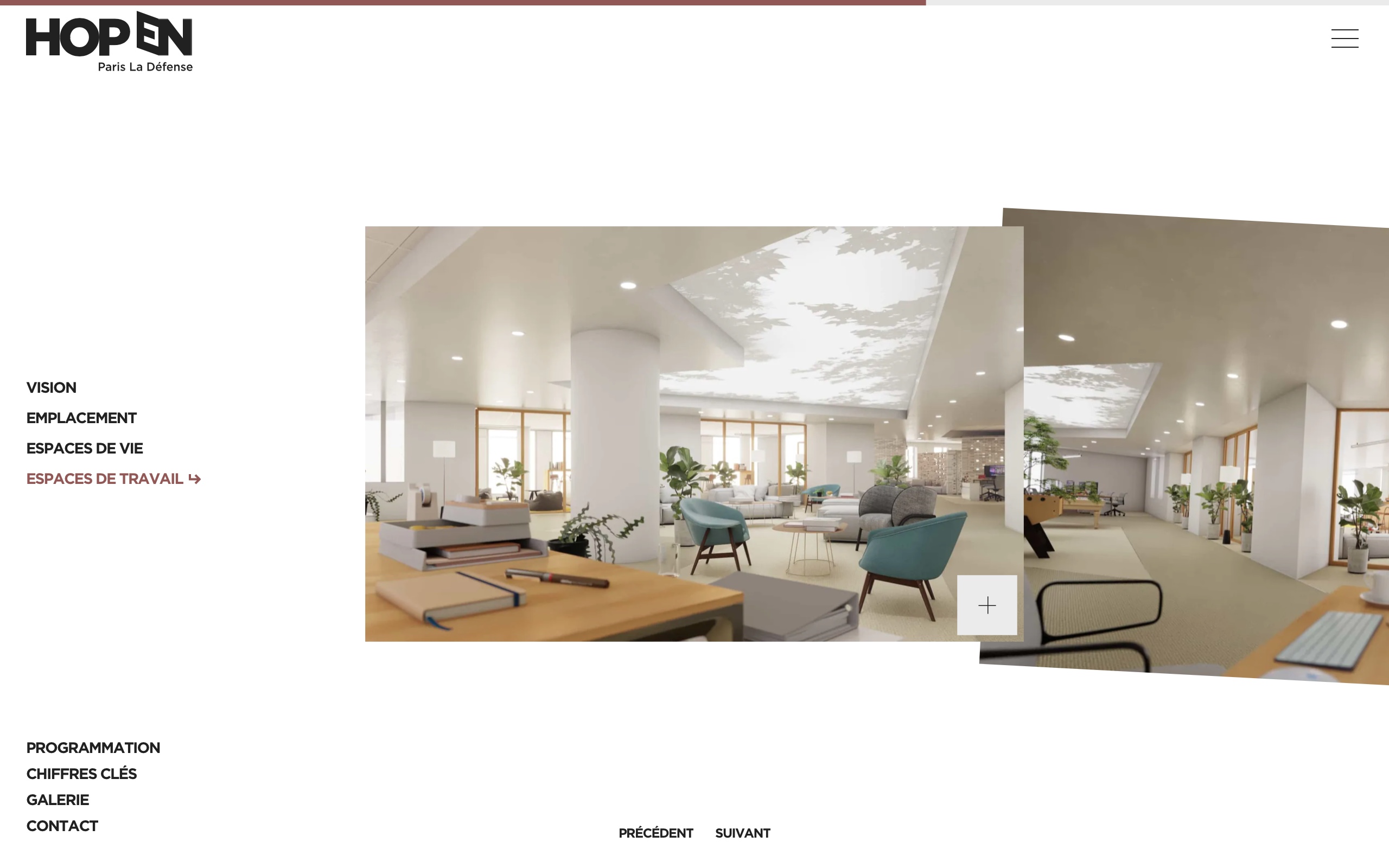 Capture d'écran de la septième diapositive de la page Espace de travail, mettant en scène différents espaces de travail tels que des bureaux, des salles de réunion, et bien d'autres encore