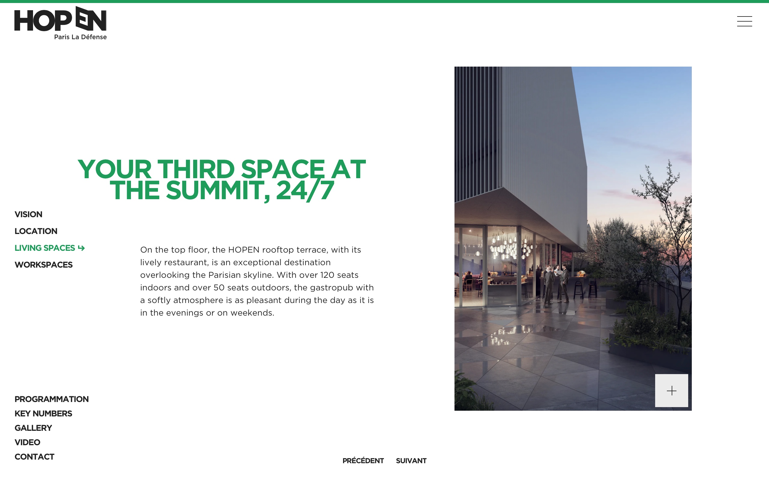 Screenshot of the sixth slide from the Living Space page, highlighting the rooftop restaurant at HOPEN, accessible during both daytime and evening hours, on weekdays and weekends