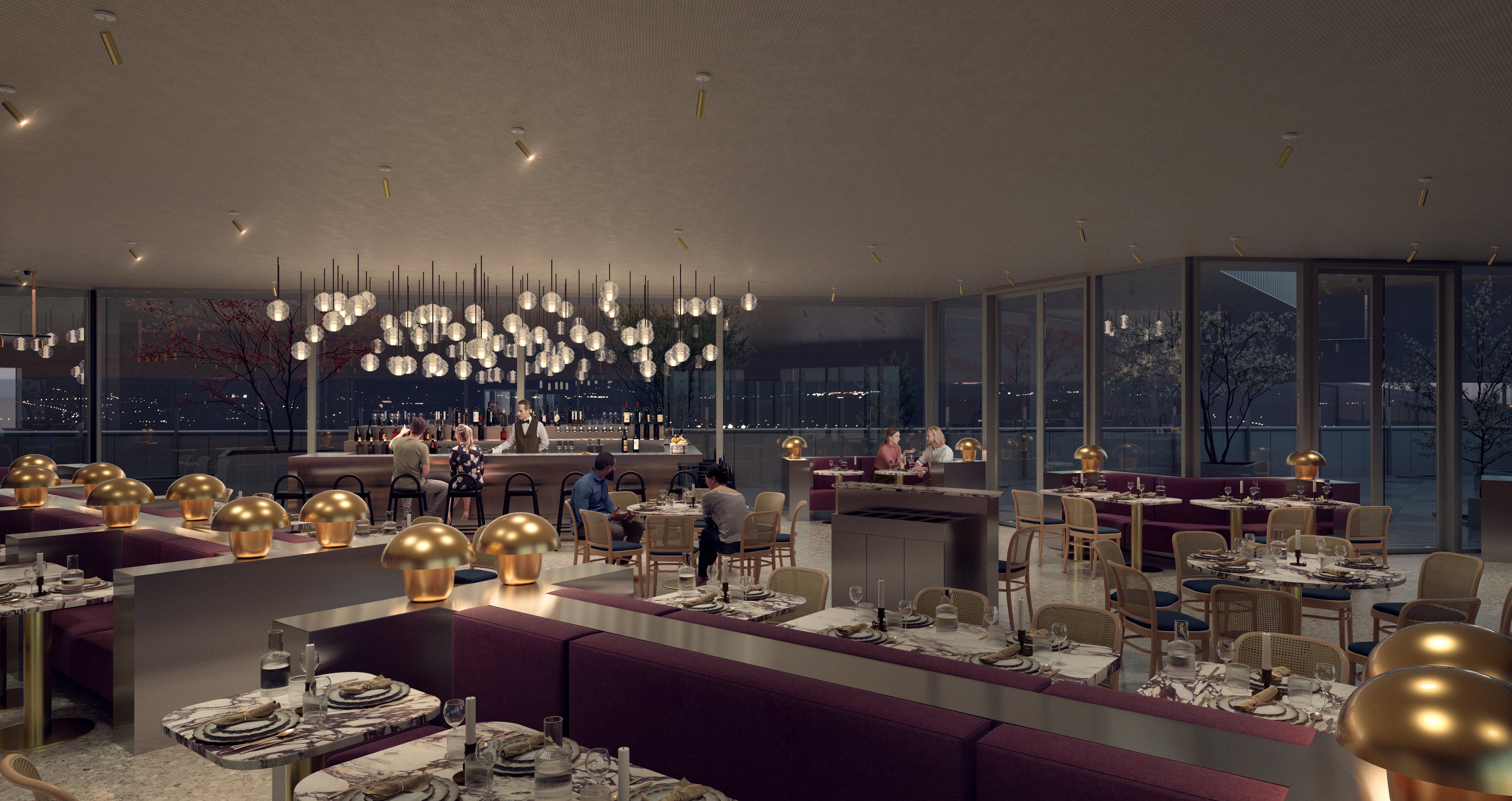 Vue nocturne du restaurant situé au même niveau que le rooftop de la tour HOPEN