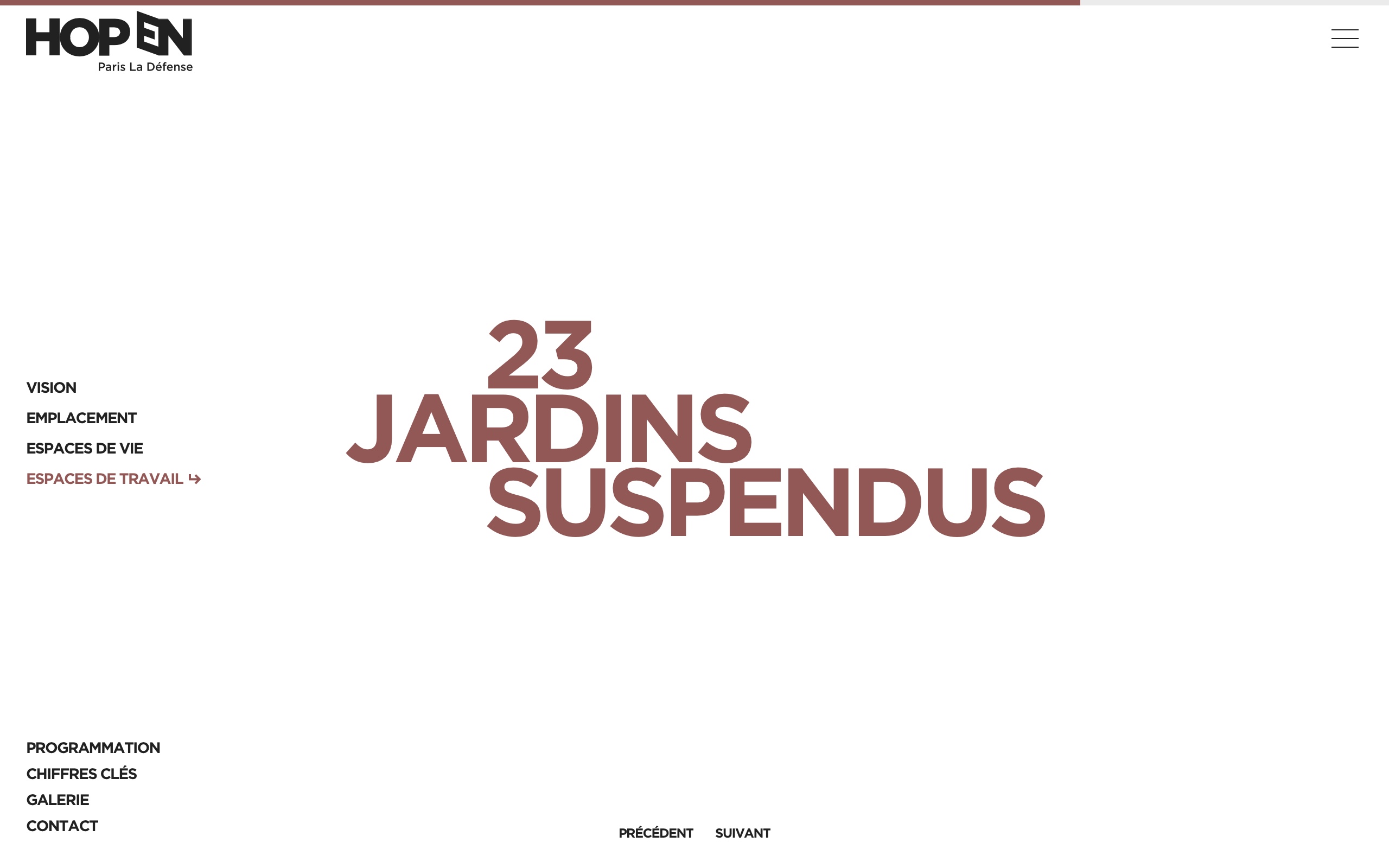 Capture d'écran de la huitième diapositive de la page Espace de travail, expliquant que le projet HOPEN possède 23 jardins suspendus