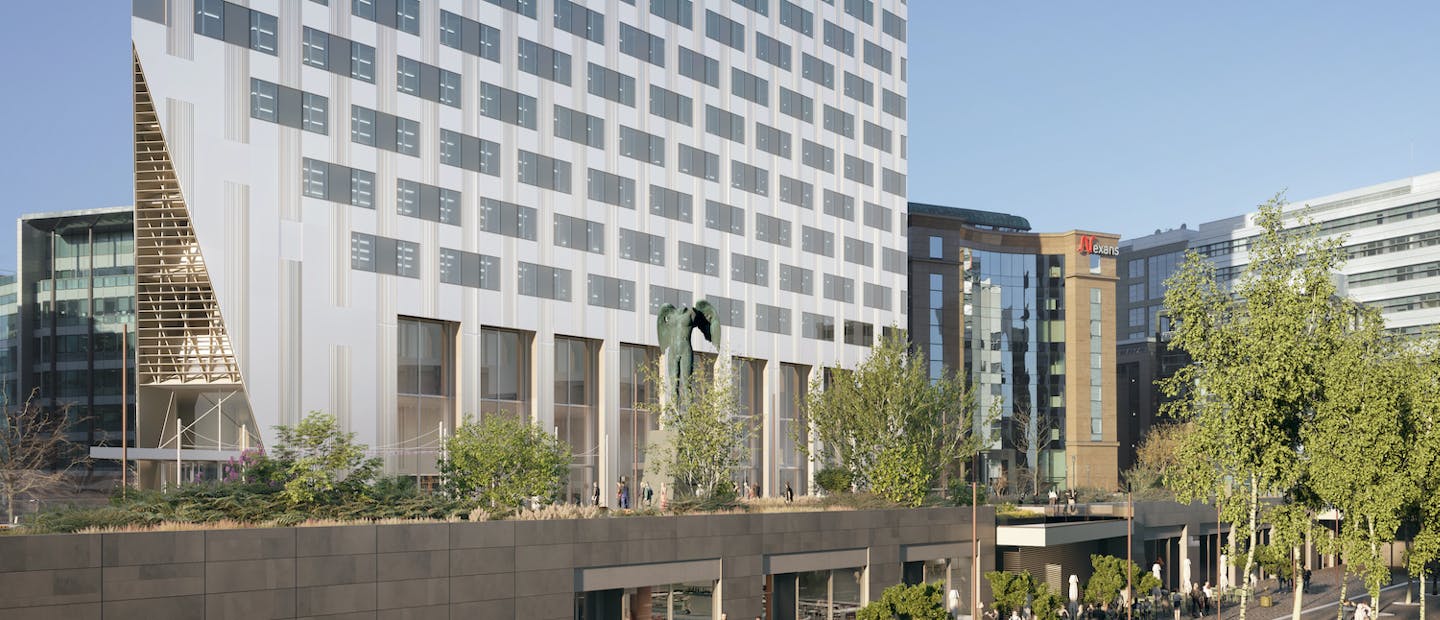 View of the entrances and terraces of HOPEN Tower