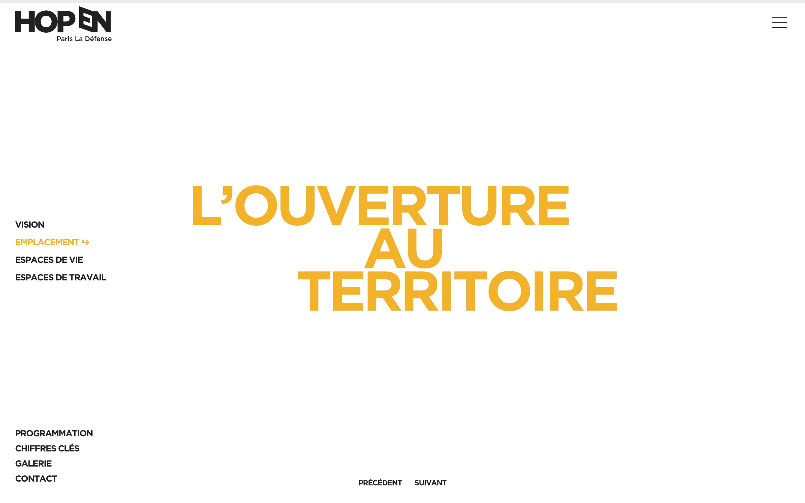 Capture d'écran de la première diapositive 'L'ouverture au territoire' de la page Emplacement du site HOPEN