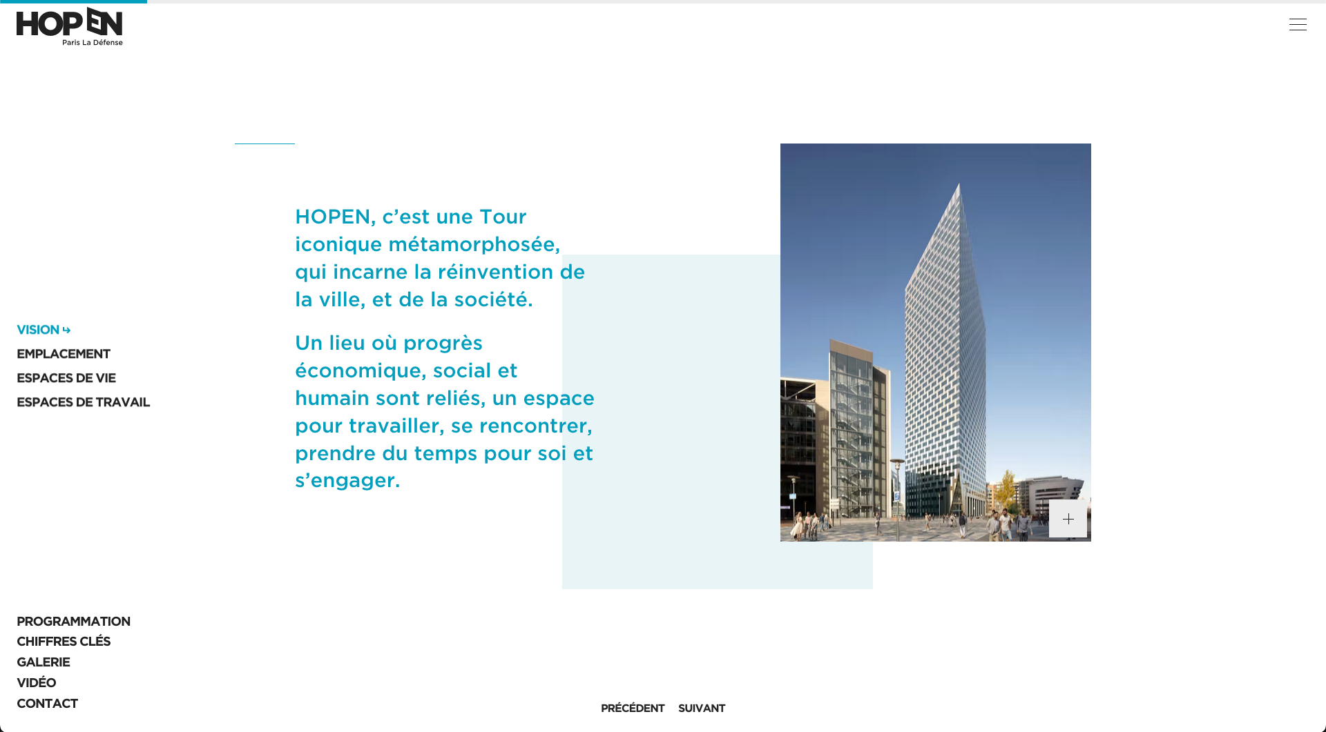 Capture d'écran de la seconde diapositive de la page Vision du site, abordant le concept de la tour HOPEN