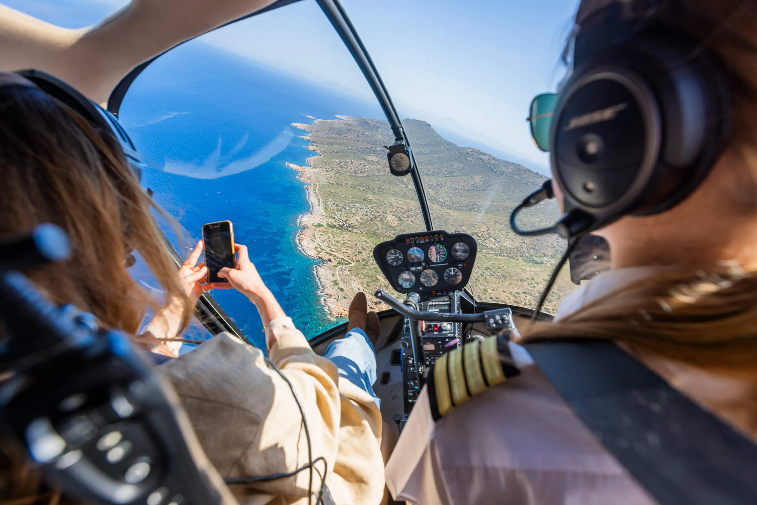 Inside view of the helicopter flying above Athens