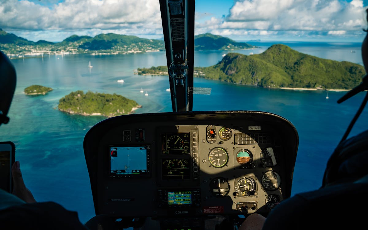Stunning aerial view of Seychelles from inside a helicopter.