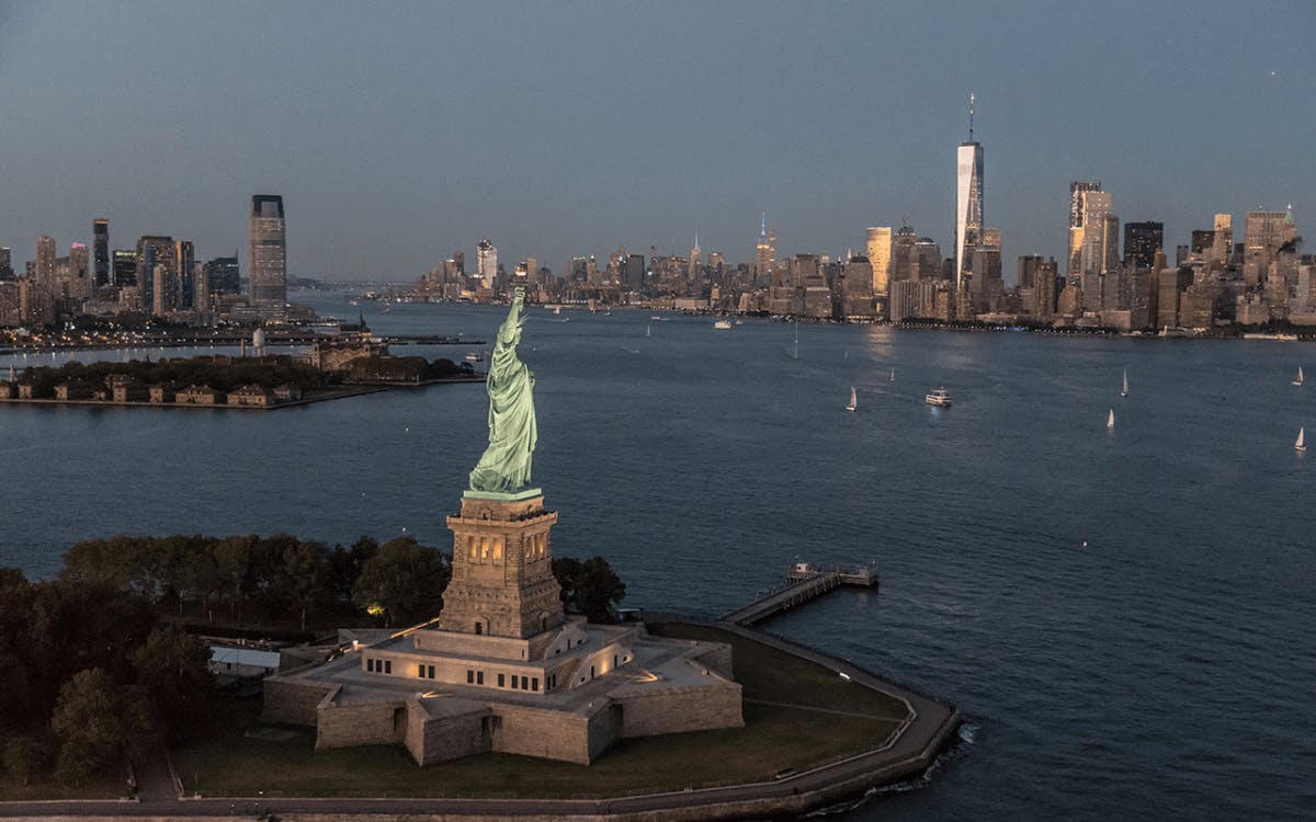 Aerial view of the Statue of Liberty in NYC