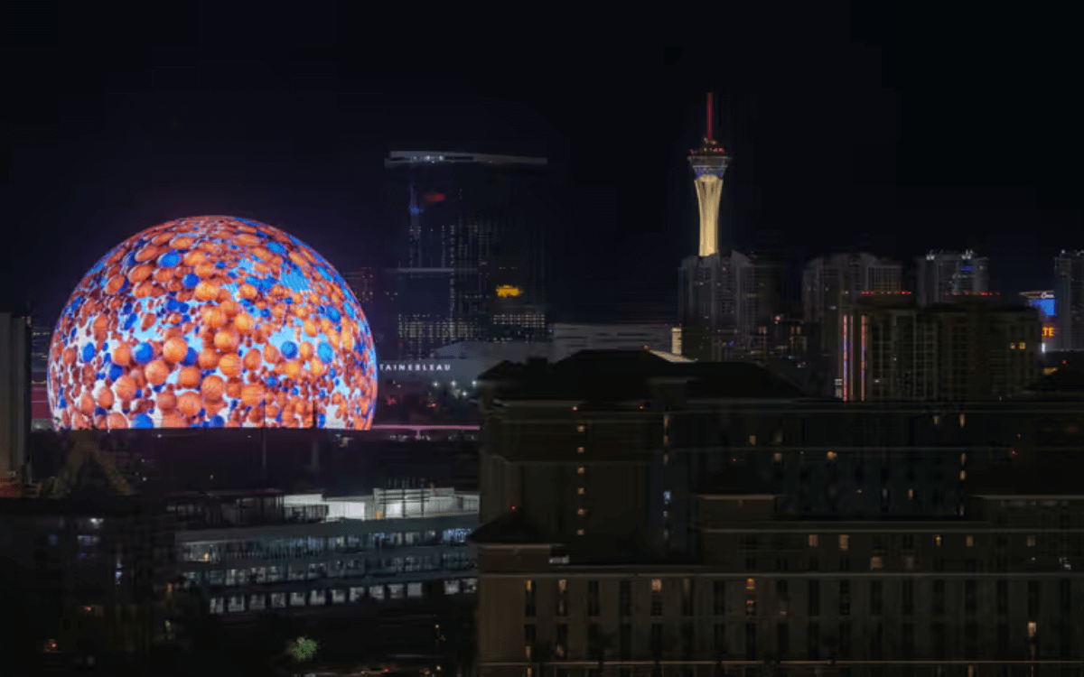 Las Vegas Sphere at night from helicopter