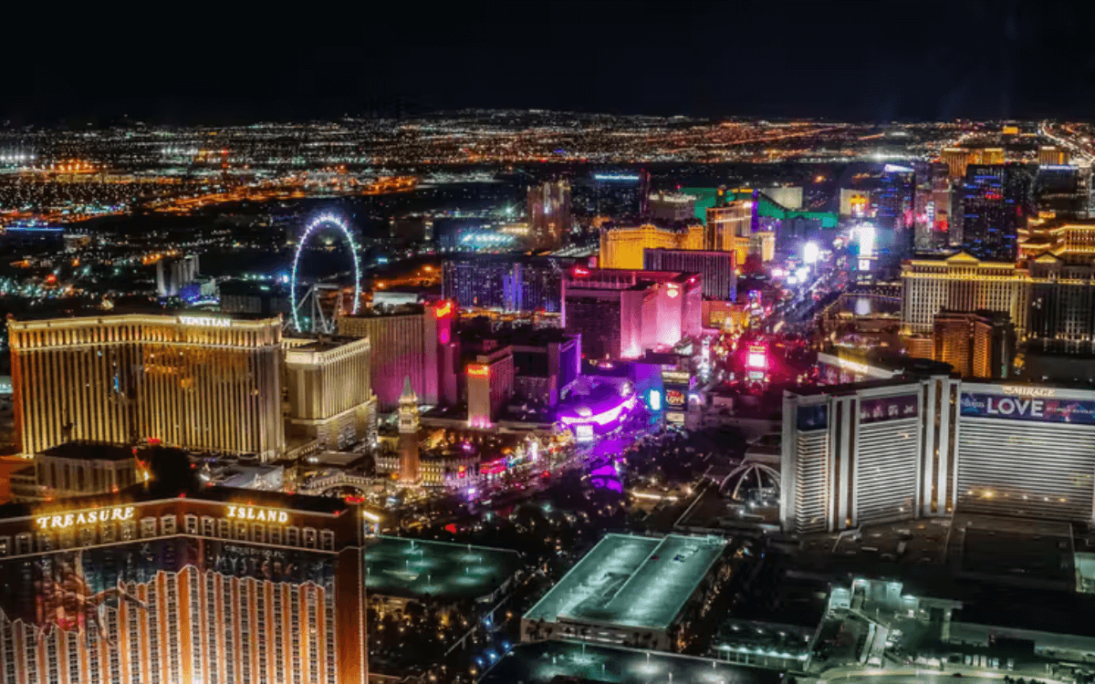View of Las Vegas neon lights from helicopter