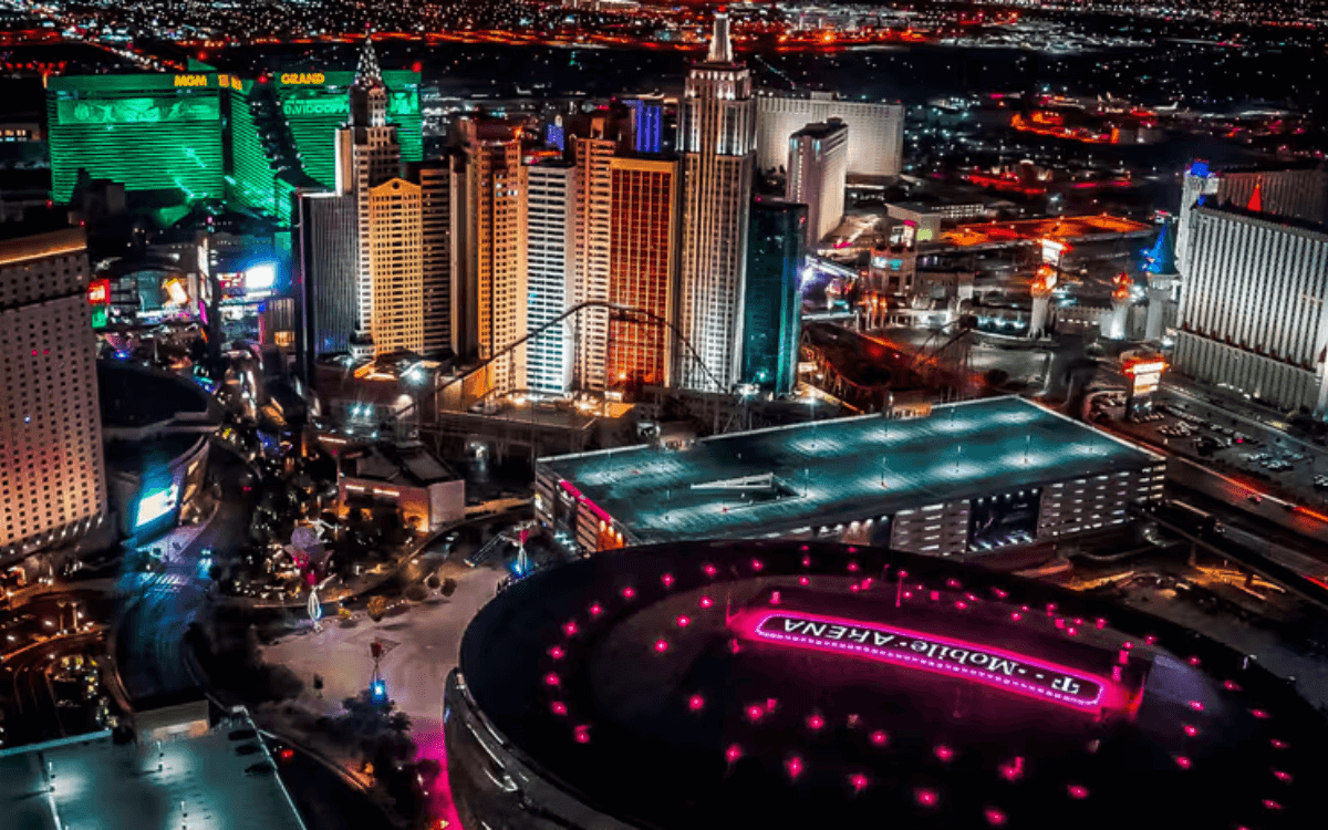 T-Mobile Arena and New York Hotel view from helicopter