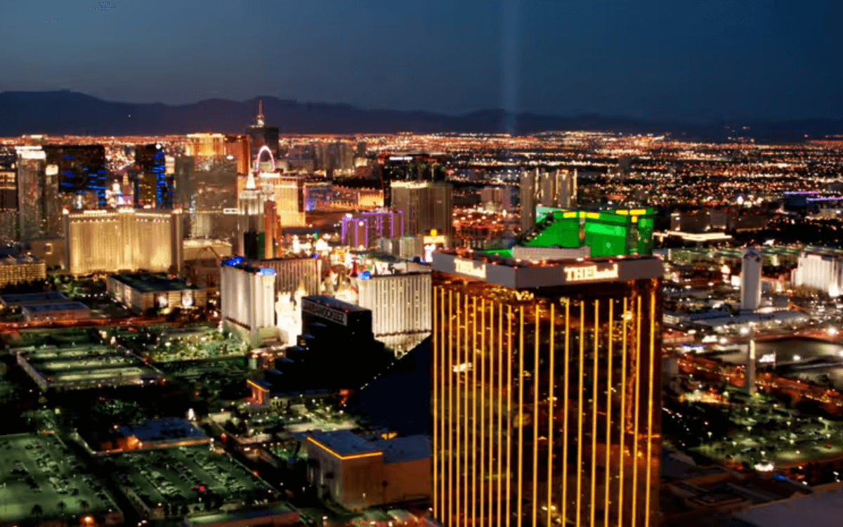 View of Las Vegas Strip at night from helicopter