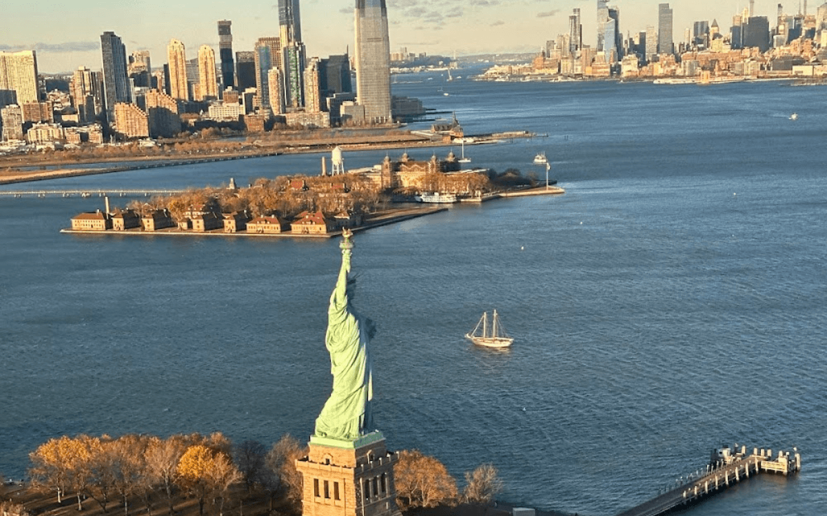 Aerial view of Statue of Liberty in NYC