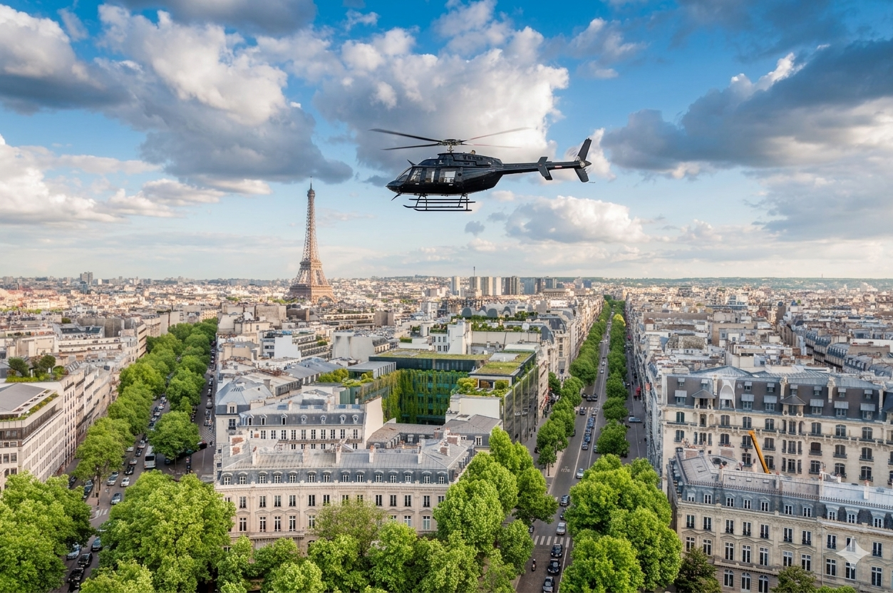 Helicopter flying above Paris