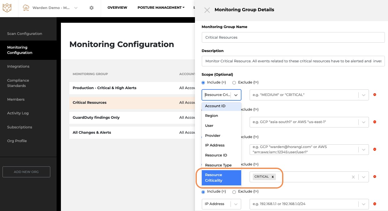 Monitoring group in Warden Threat Detection