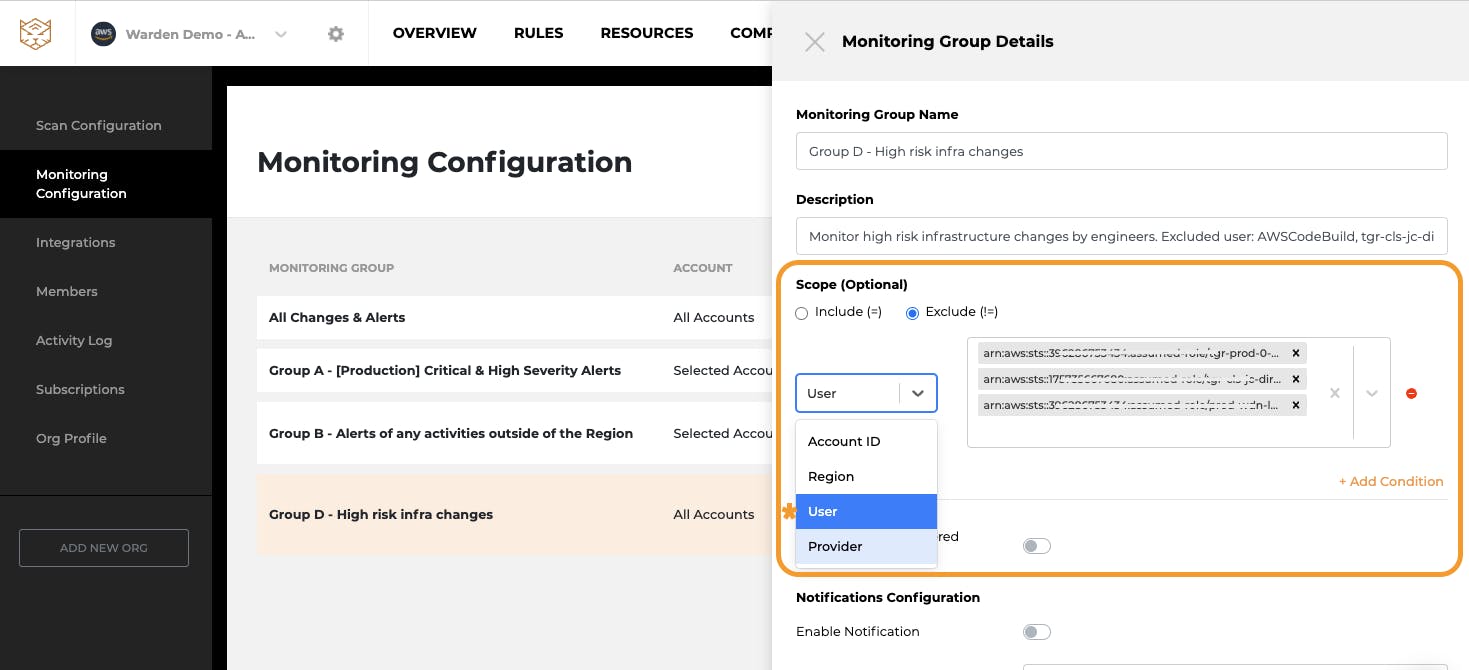 scope configuration on Warden Threat Detection