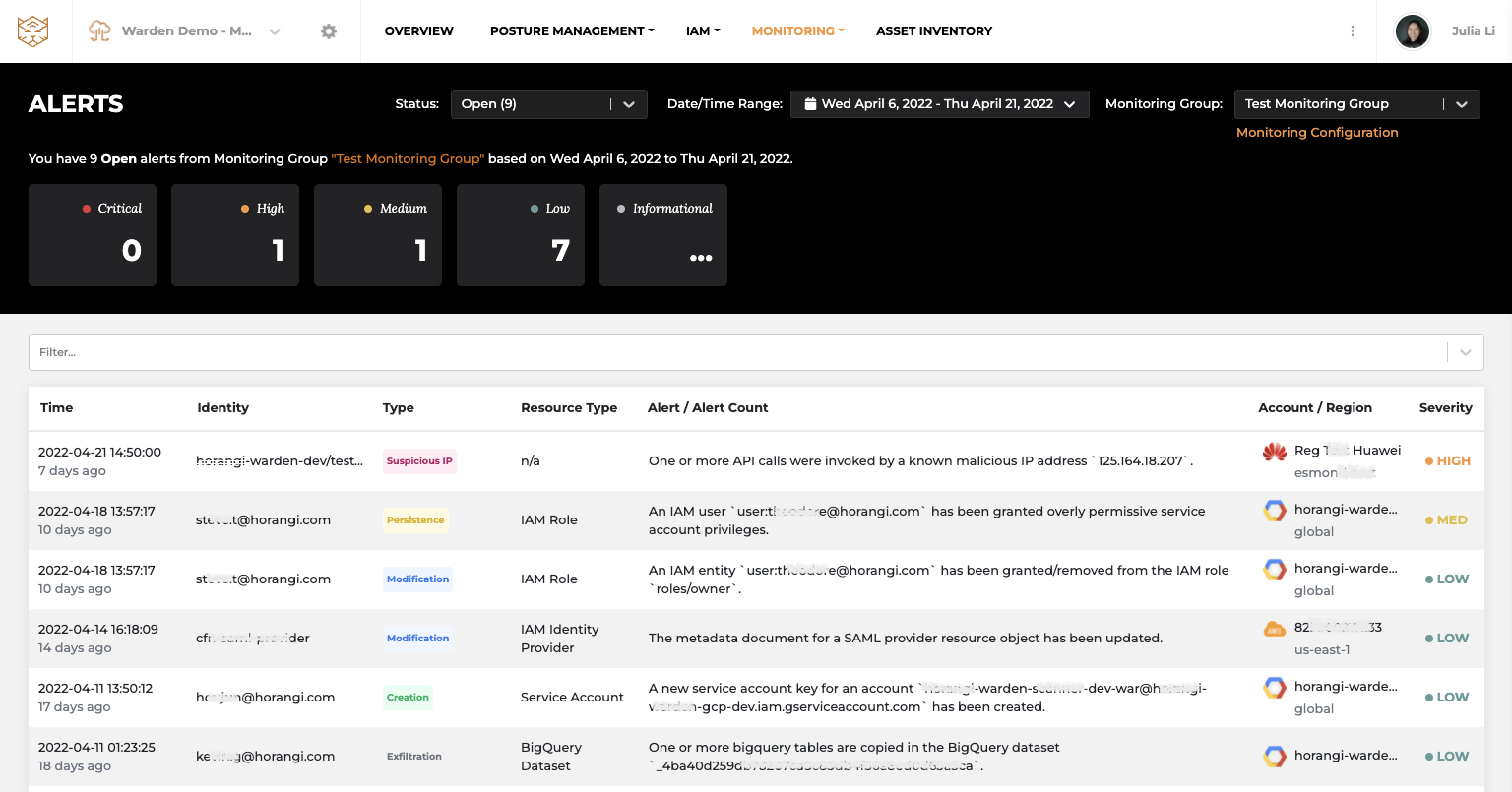 Alerts in Warden. Threat Detection