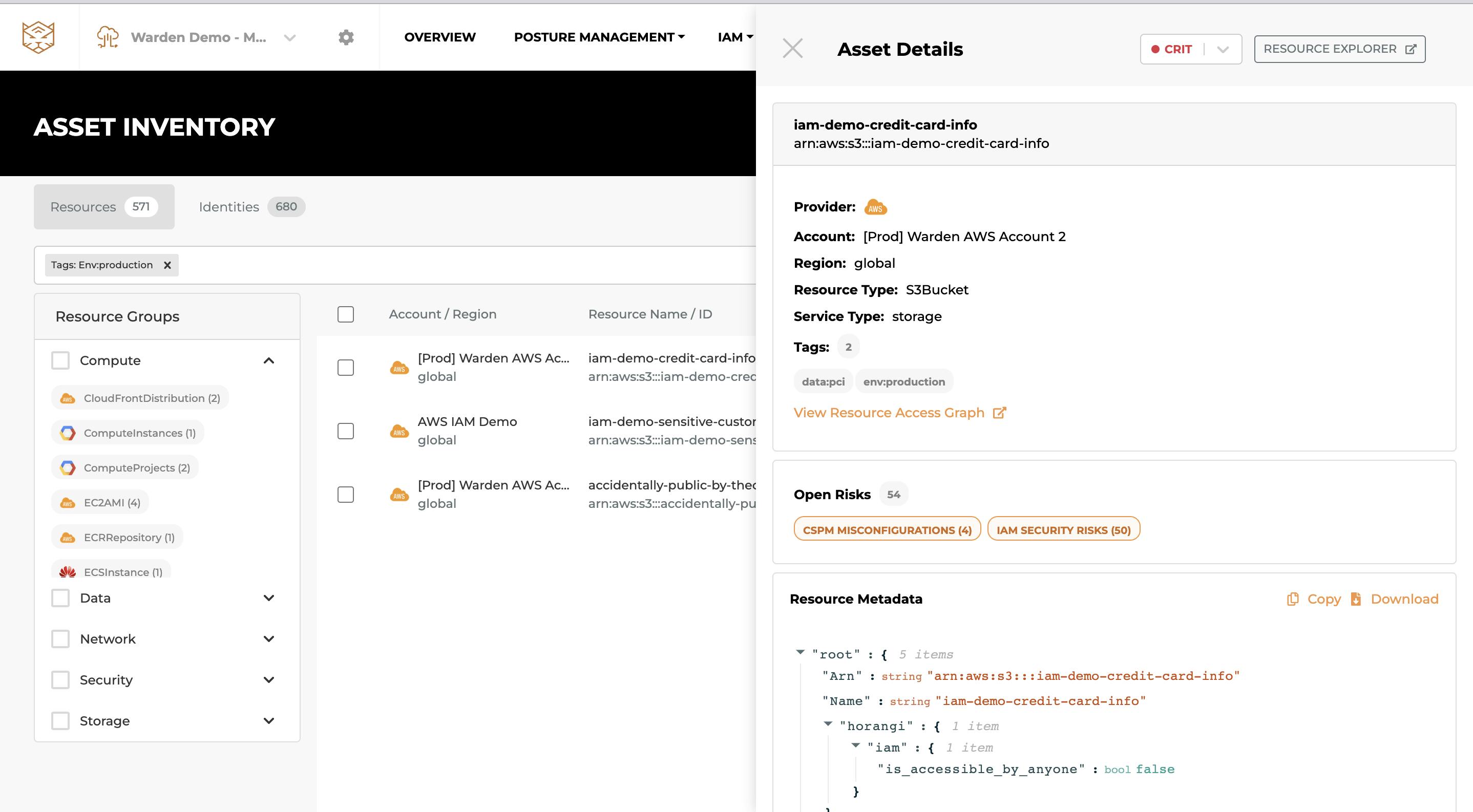 Tags in asset inventory in Warden CIEM