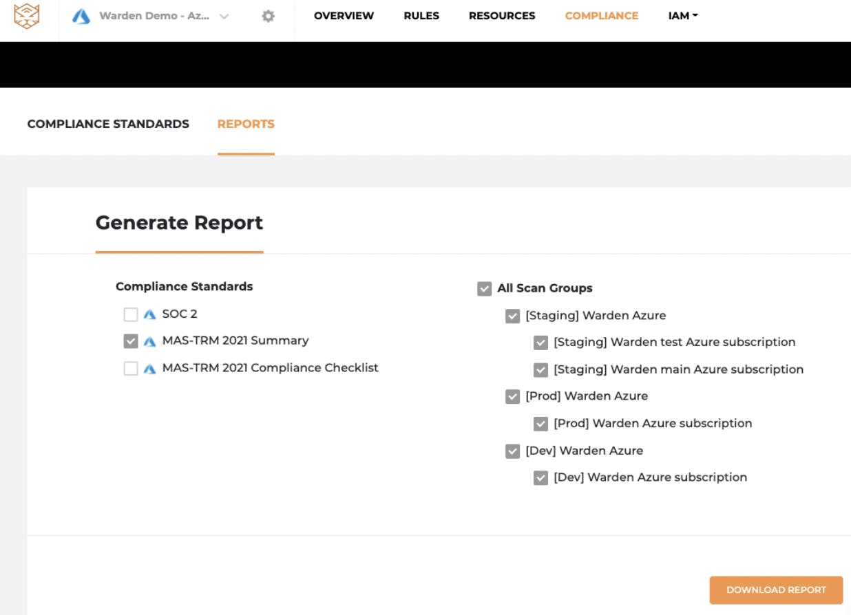 Azure MAS TRM /SOC 2 Report generation on Warden