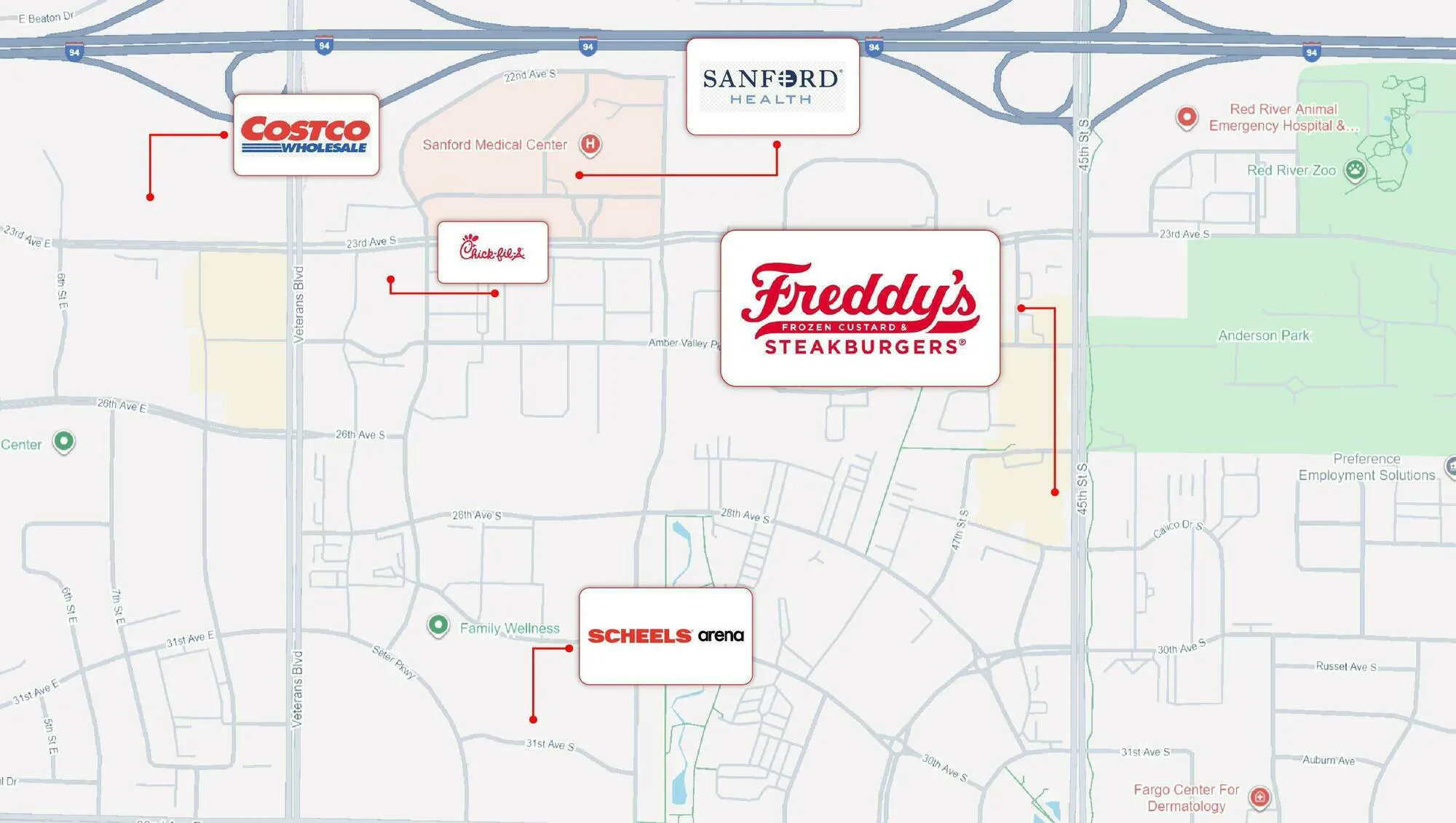 Map showing the Freddy's location in south Fargo near Sanford Health, Costco, and Scheels Arena