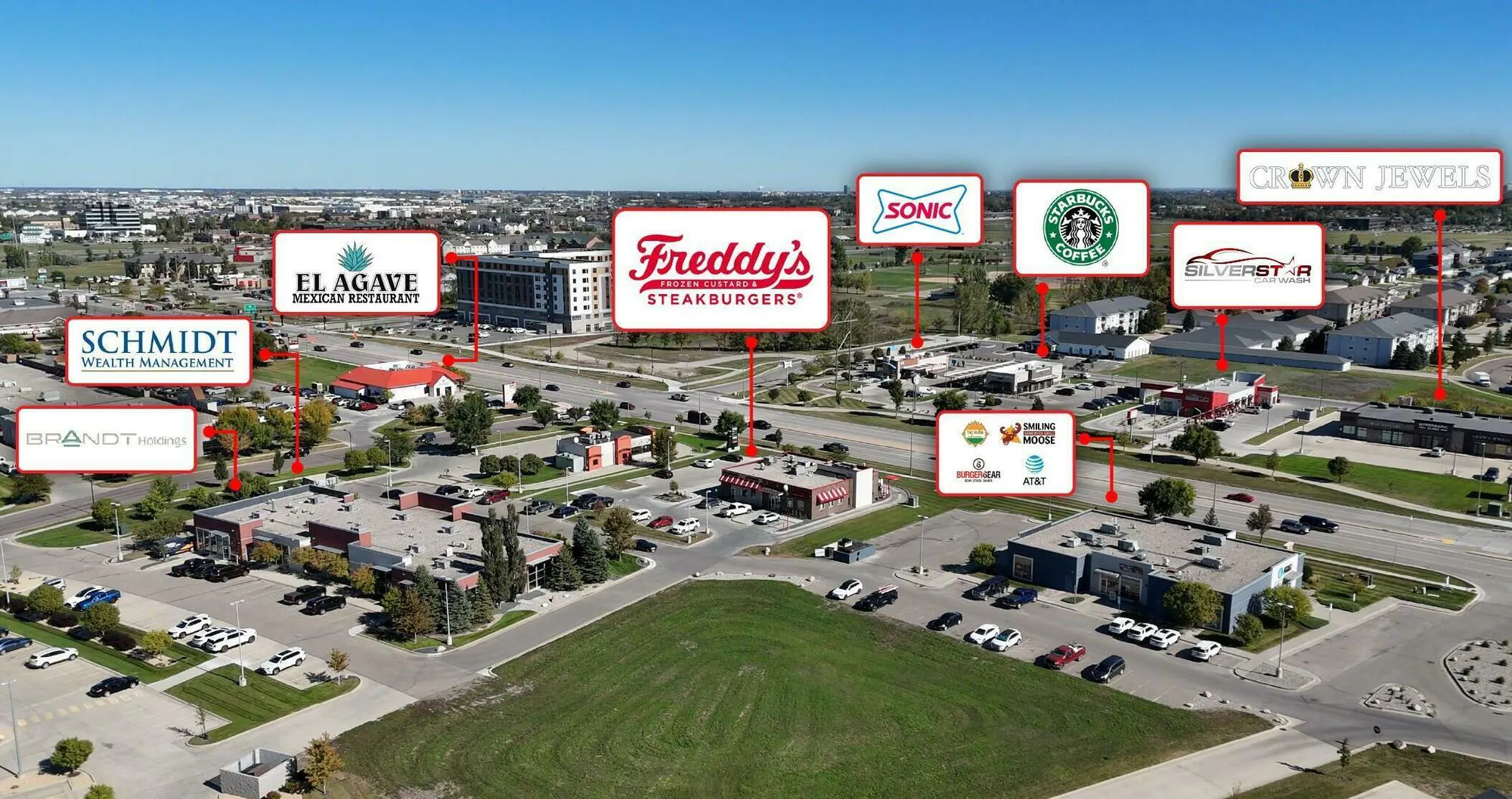 Aerial view of the 45th Street South retail corridor in Fargo showing Freddy's and neighboring businesses