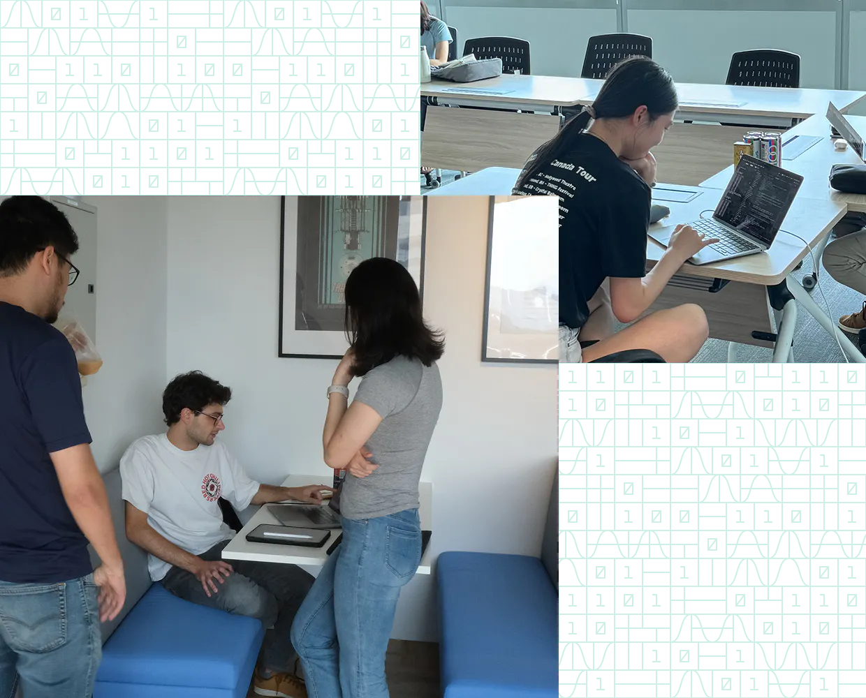 Two separate images. In the first, Horizon three Horizon interns gather around a booth in the cafeteria. One is working at his laptop while the other two stand next to him with their backs to the camera. In the other image, a Horizon intern is sitting at a conference room table, working on her laptop with her back to the camera.