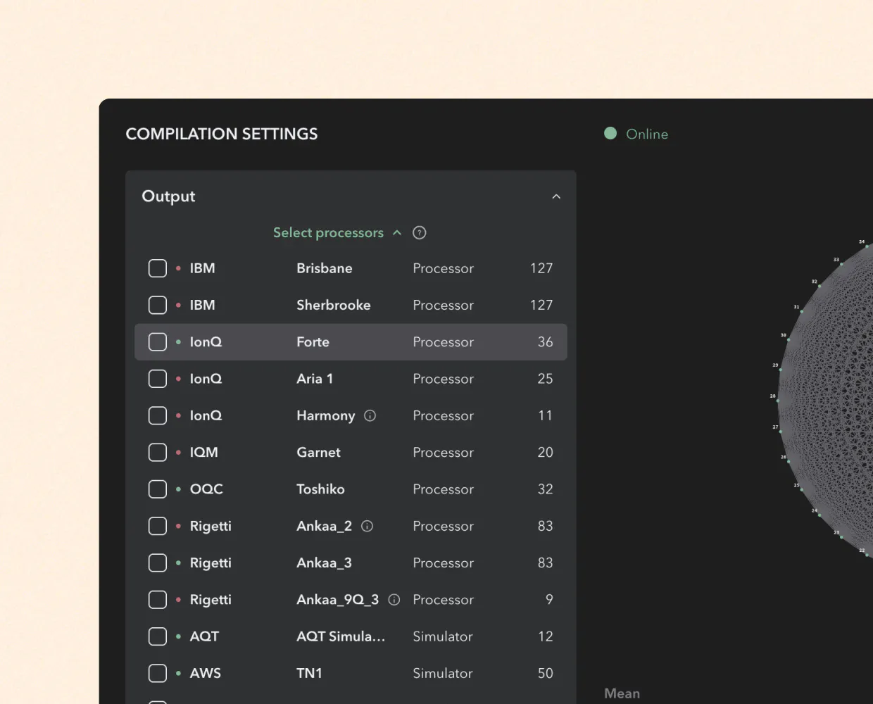 Example of processors and simulators available via Triple Alpa including: IBM's Brisbane or Sherbrooke; IonQ's Forte, Aria 1, or Harmony; IQM's Garnet; OQC's Toshiko; Rigetti's Ankaa 2, Ankaa 3, and Ankaa 9Q 3; AQT's Simulator; and AWS's TN1 Simulator