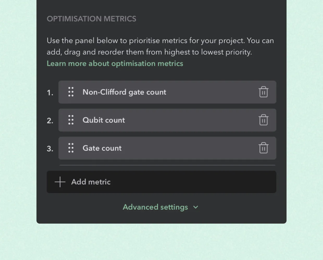 Screenshot of Triple Alpha's optimisation metrics